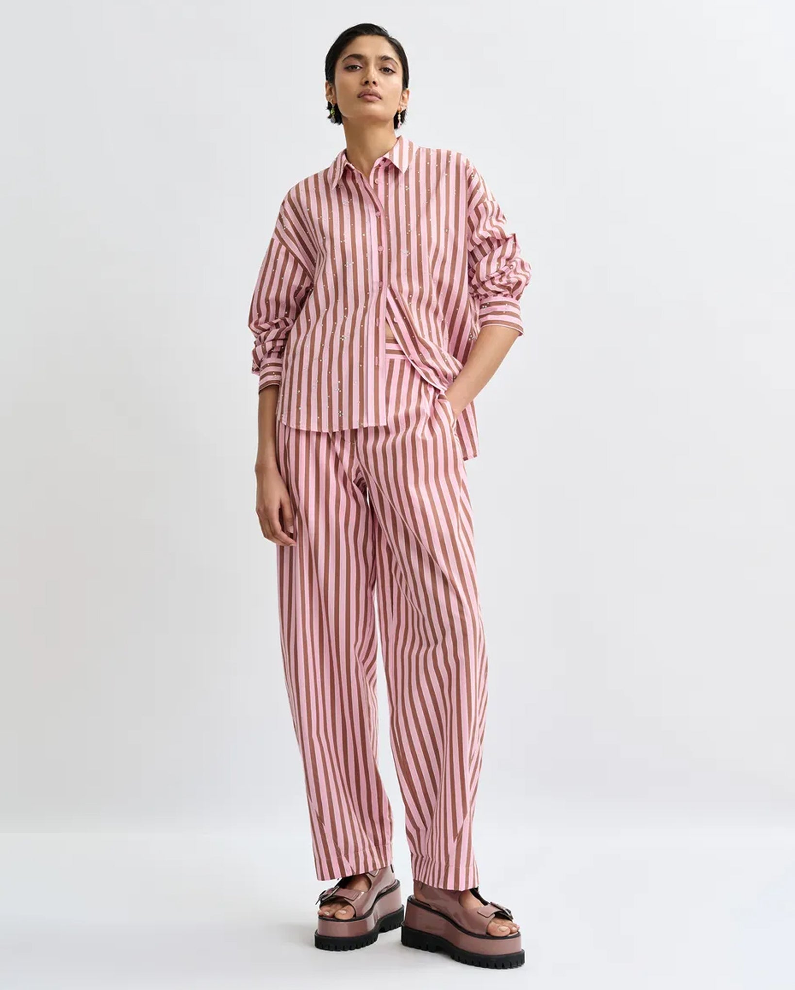 Striped Shirt with Rhinestone Embellishments (Brown/Pink)