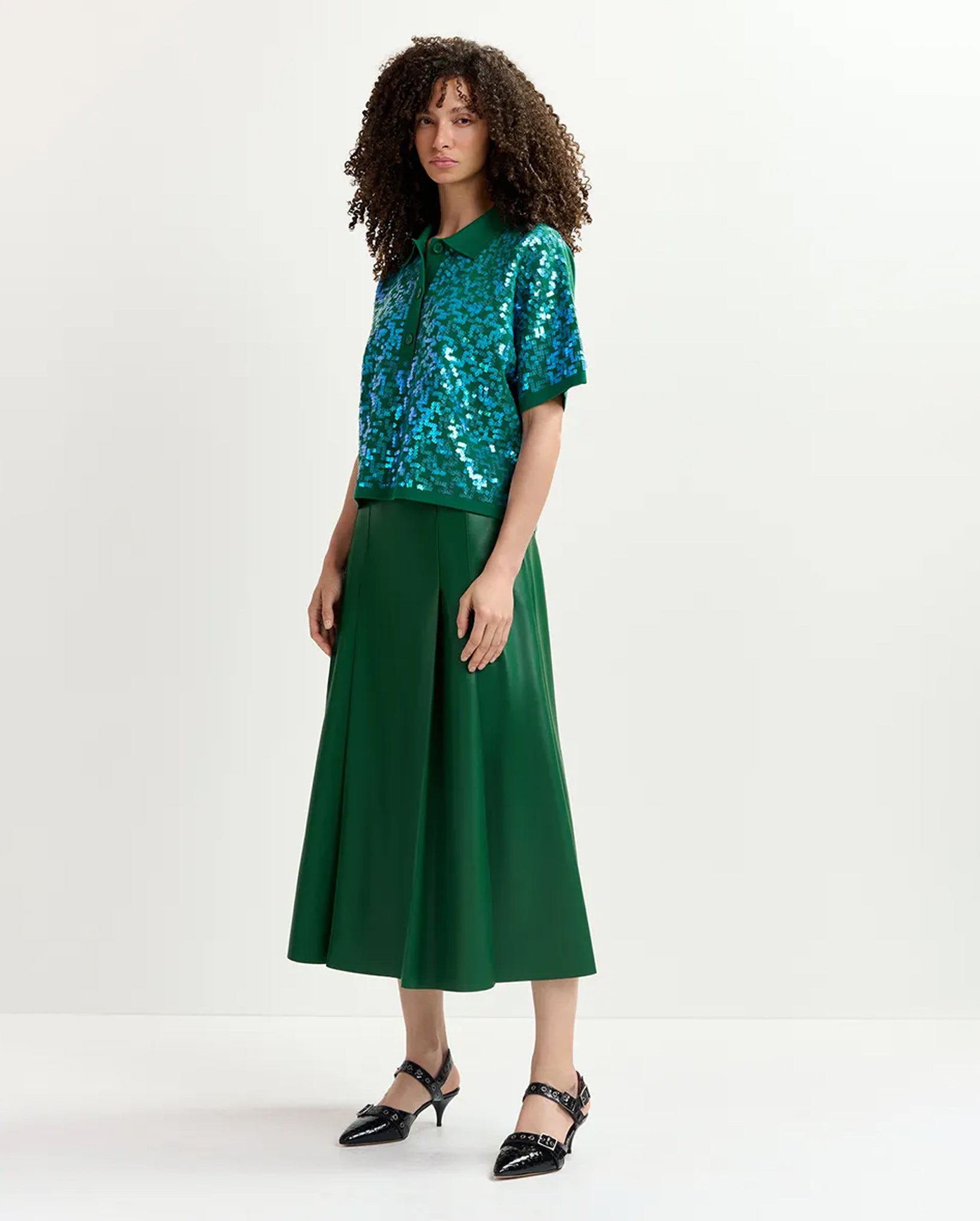 Sequin-Embellished Polo Top (Dark Green)