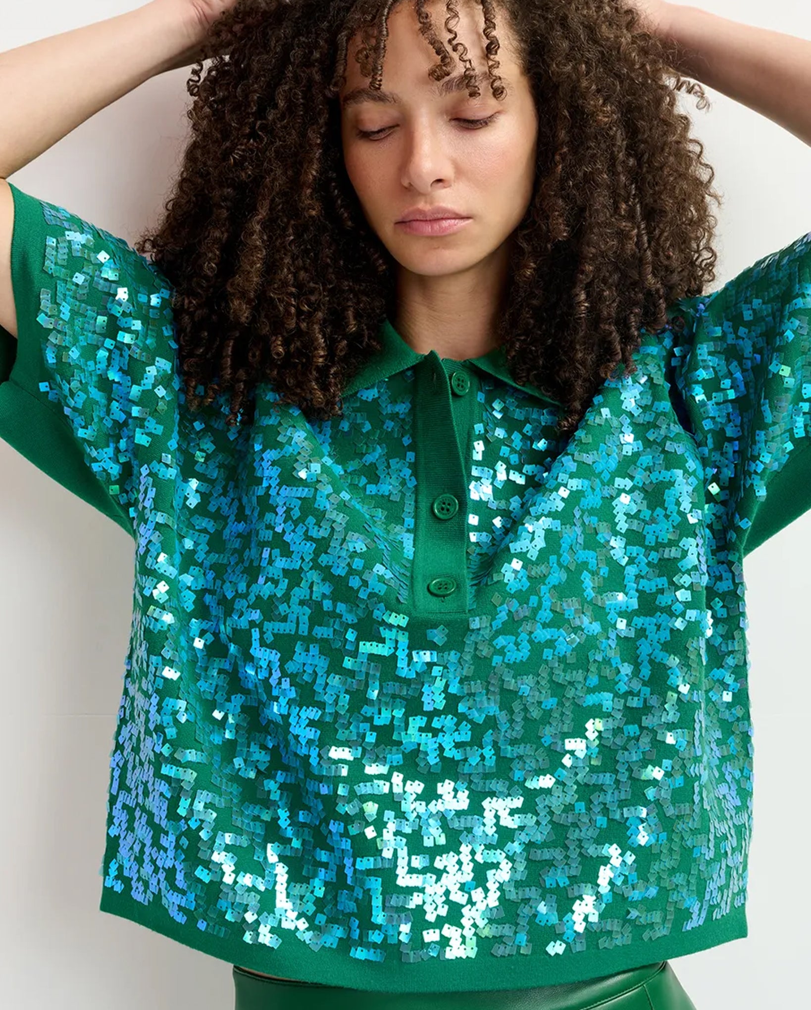 Sequin-Embellished Polo Top (Dark Green)