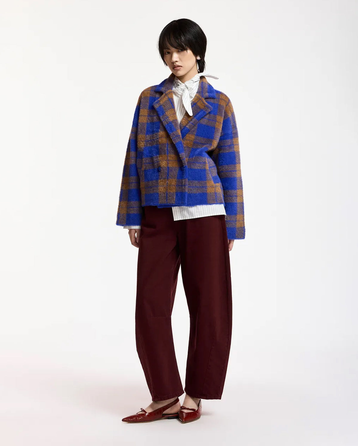 Double-Breasted Checked Knit Cardigan (Blue/Brown)
