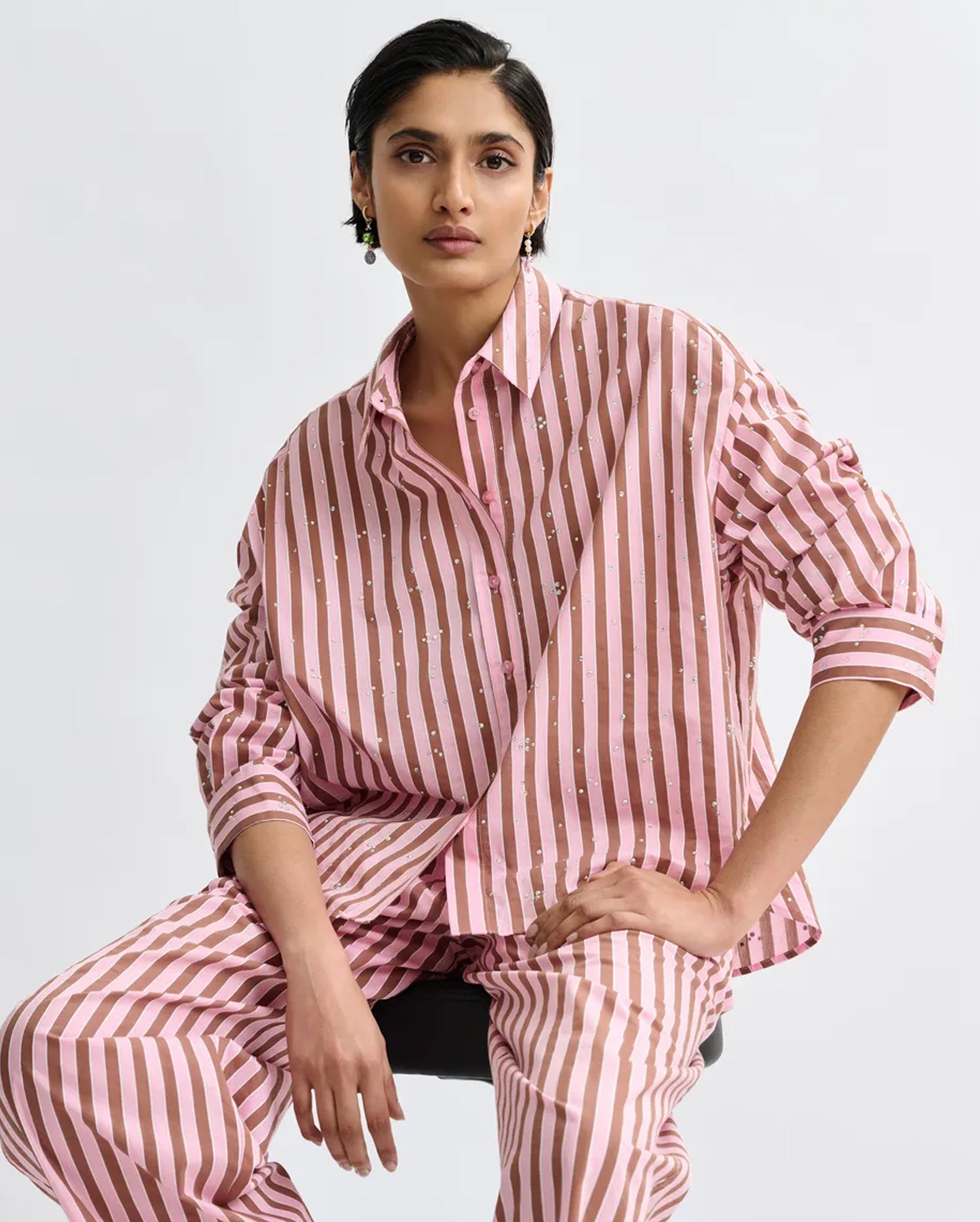 Striped Shirt with Rhinestone Embellishments (Brown/Pink)
