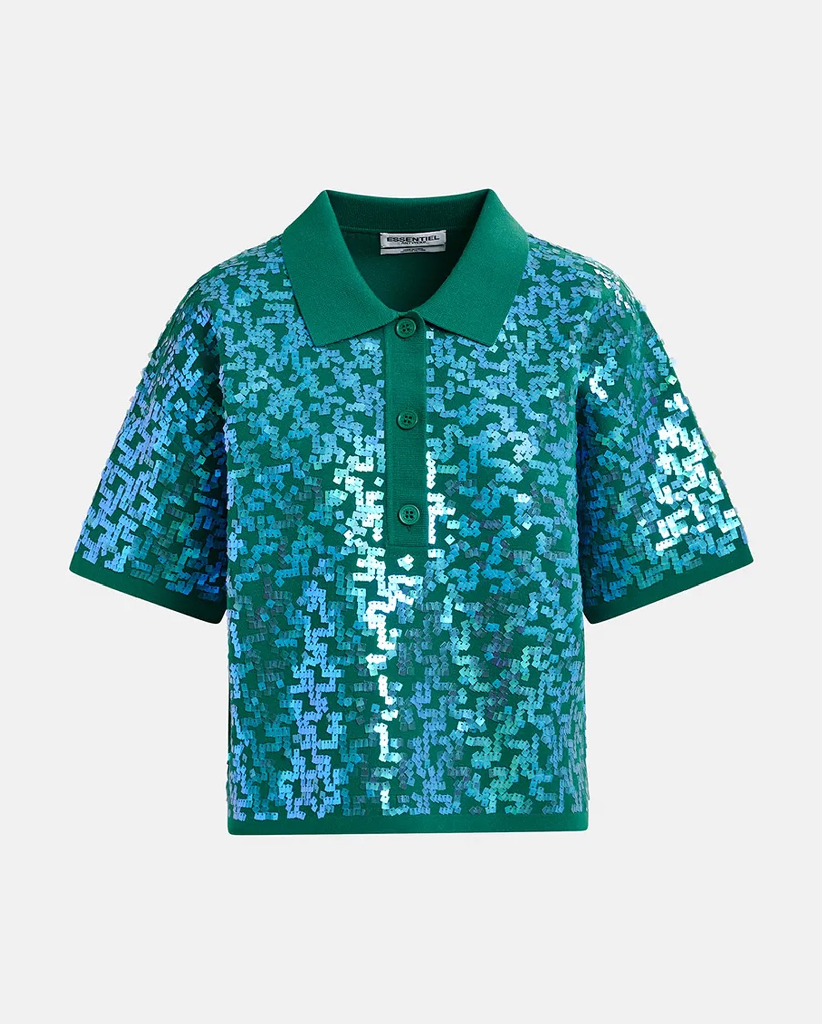 Sequin-Embellished Polo Top (Dark Green)