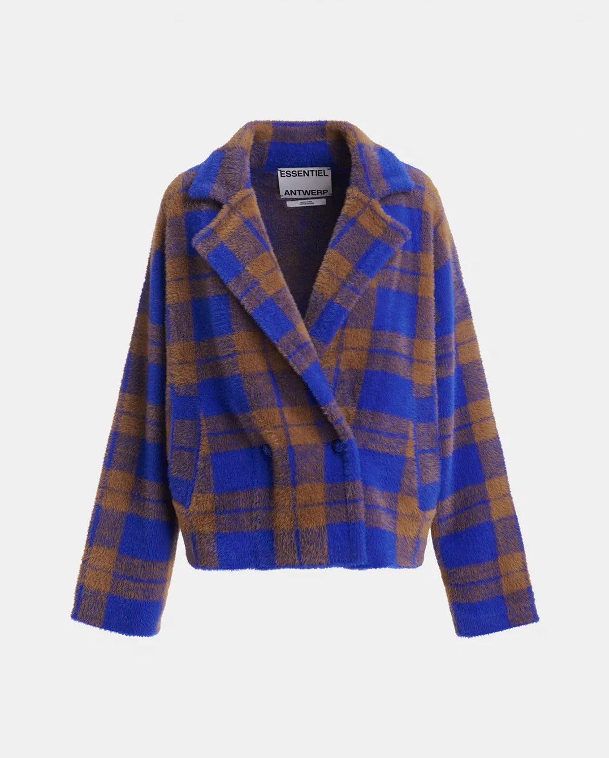 Double-Breasted Checked Knit Cardigan (Blue/Brown)