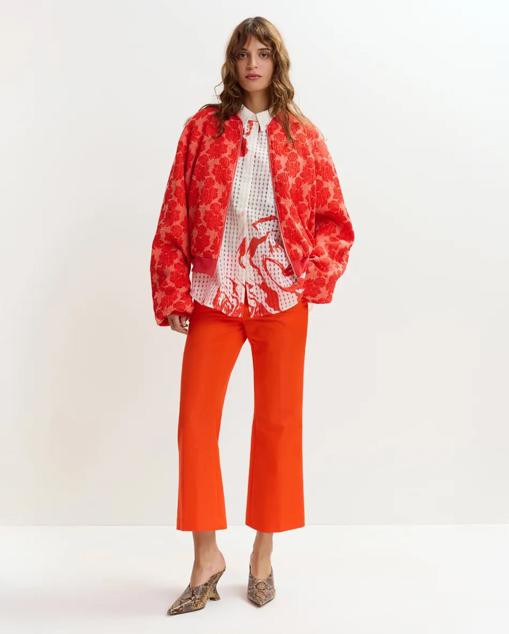 Quilted Jacquard Floral Bomber Jacket (Orange/Red)