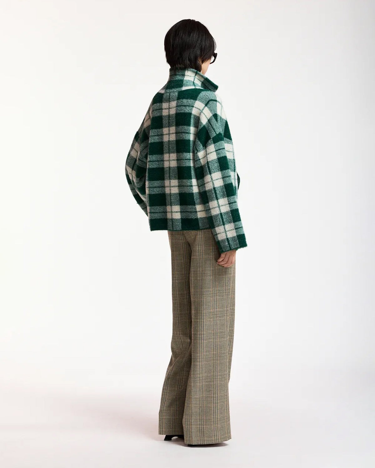 Double-Breasted Checked Knit Cardigan (Green/Off-White)