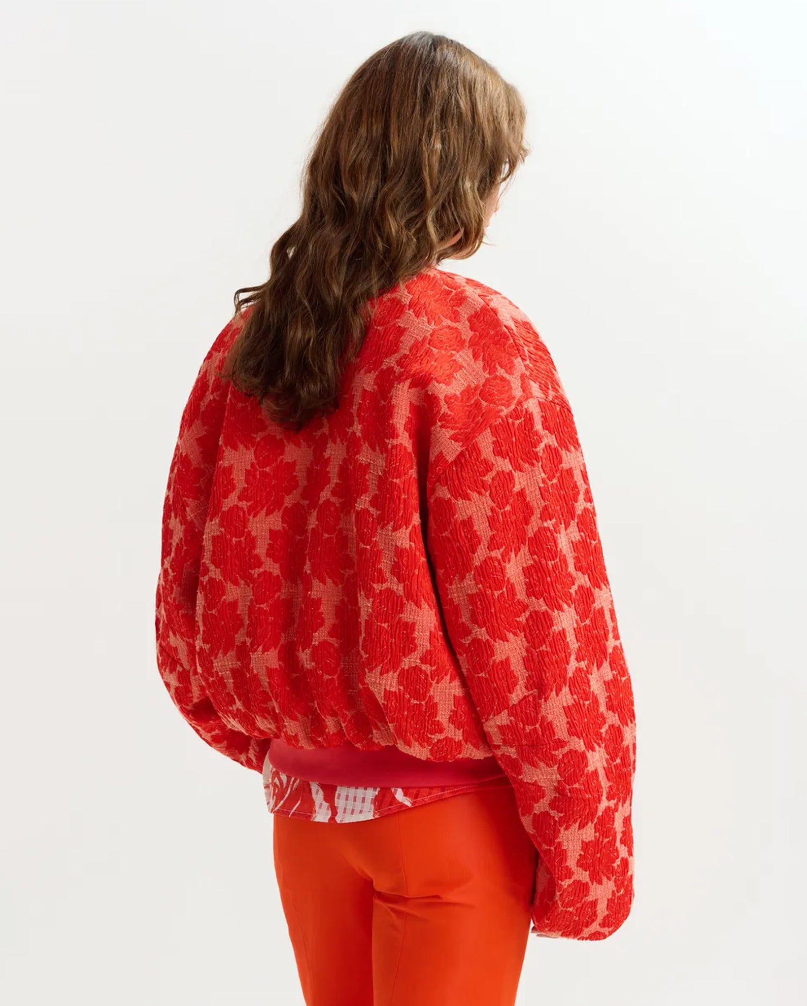 Quilted Jacquard Floral Bomber Jacket (Orange/Red)