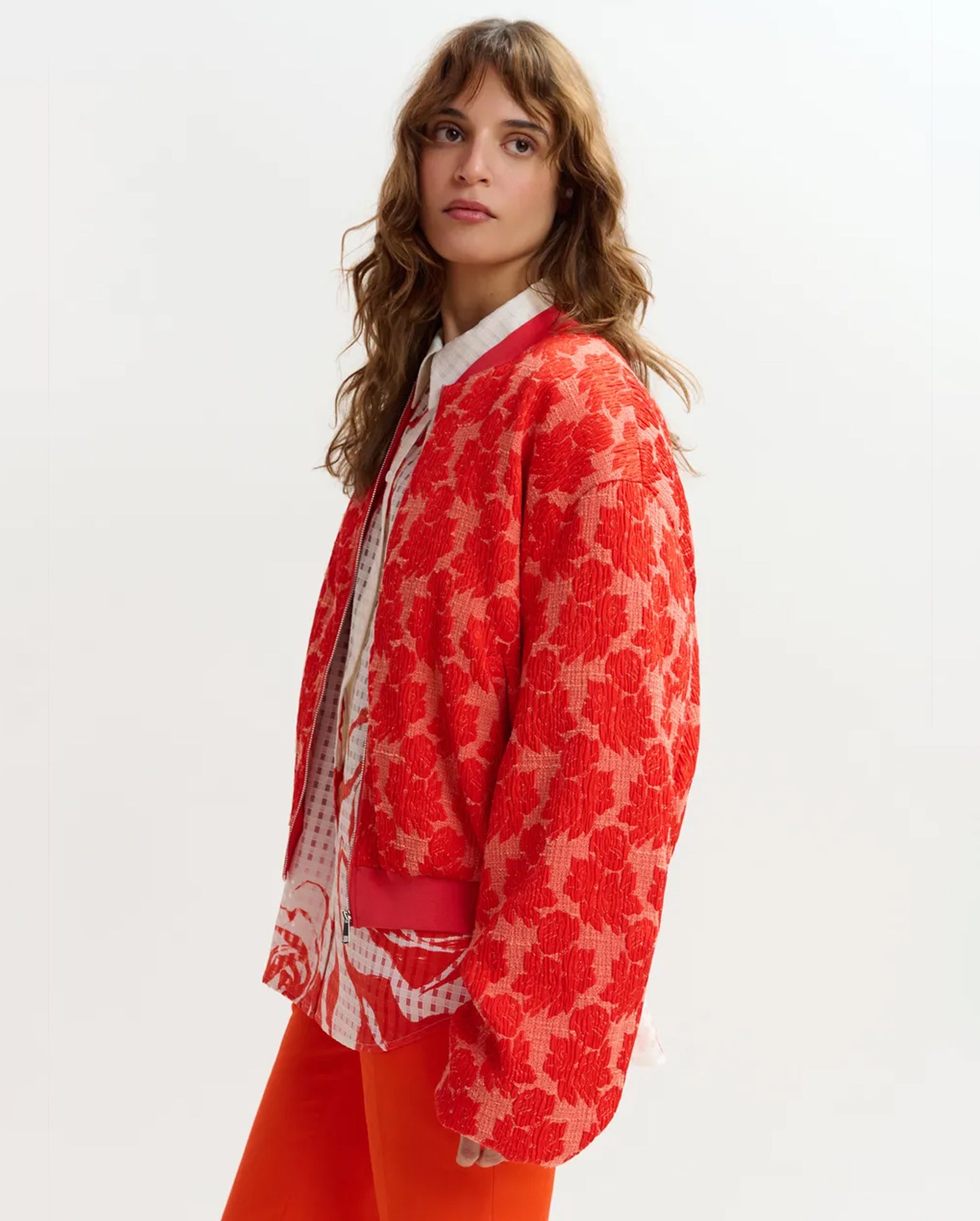 Quilted Jacquard Floral Bomber Jacket (Orange/Red)