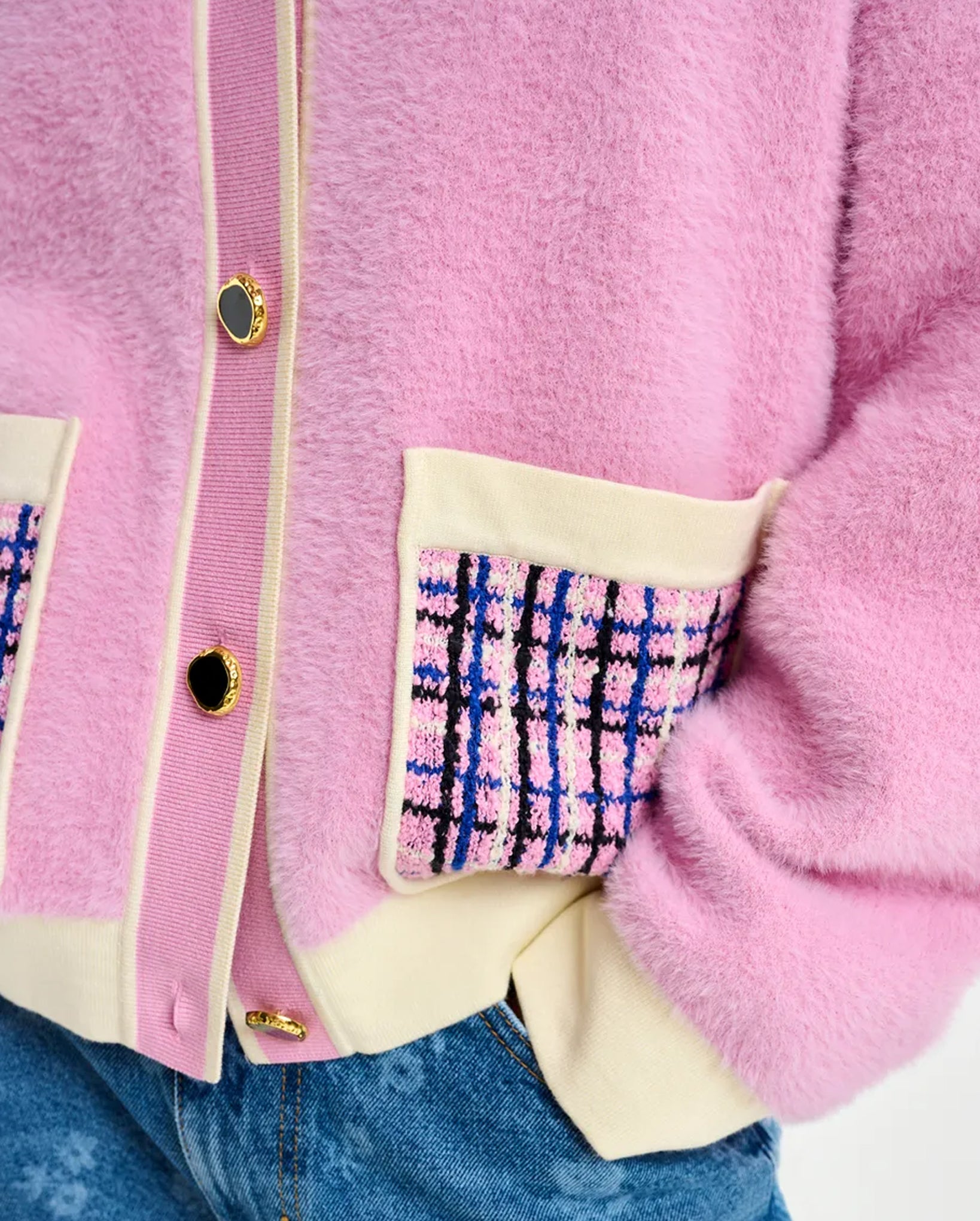 Textured Cardigan with Contrast Tweed Collar and Patch Pockets (Blue/Off-White/Pink)