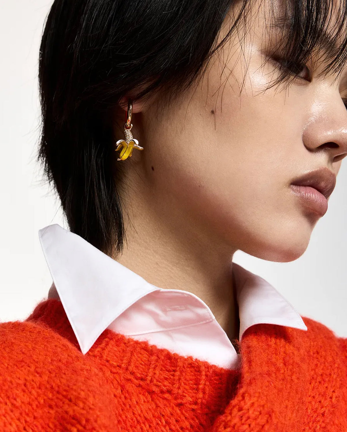 Hoop Earrings with Lamb and Banana Pendants (Gold/Orange)