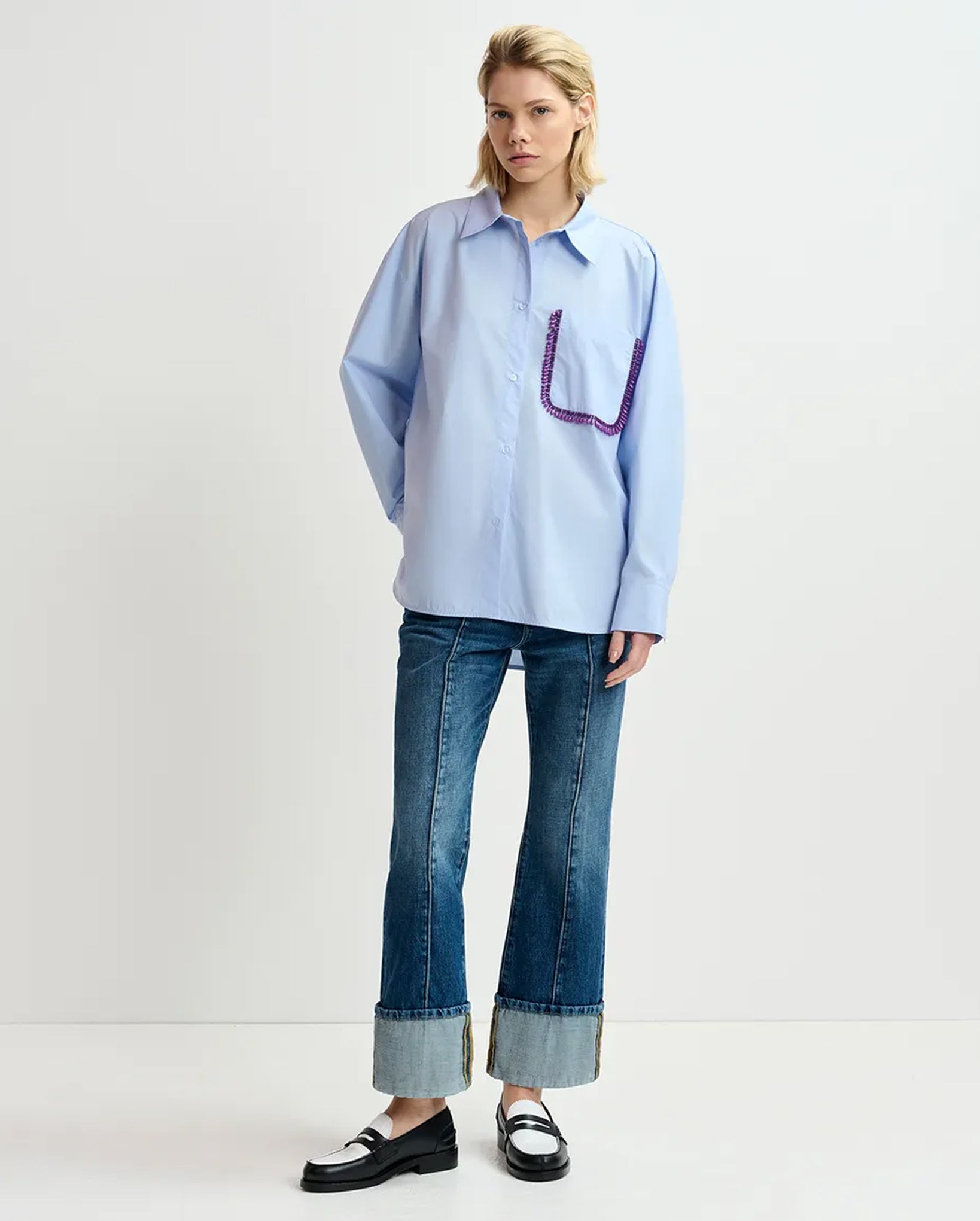 Light Blue Cotton Shirt with Beaded Embroidery