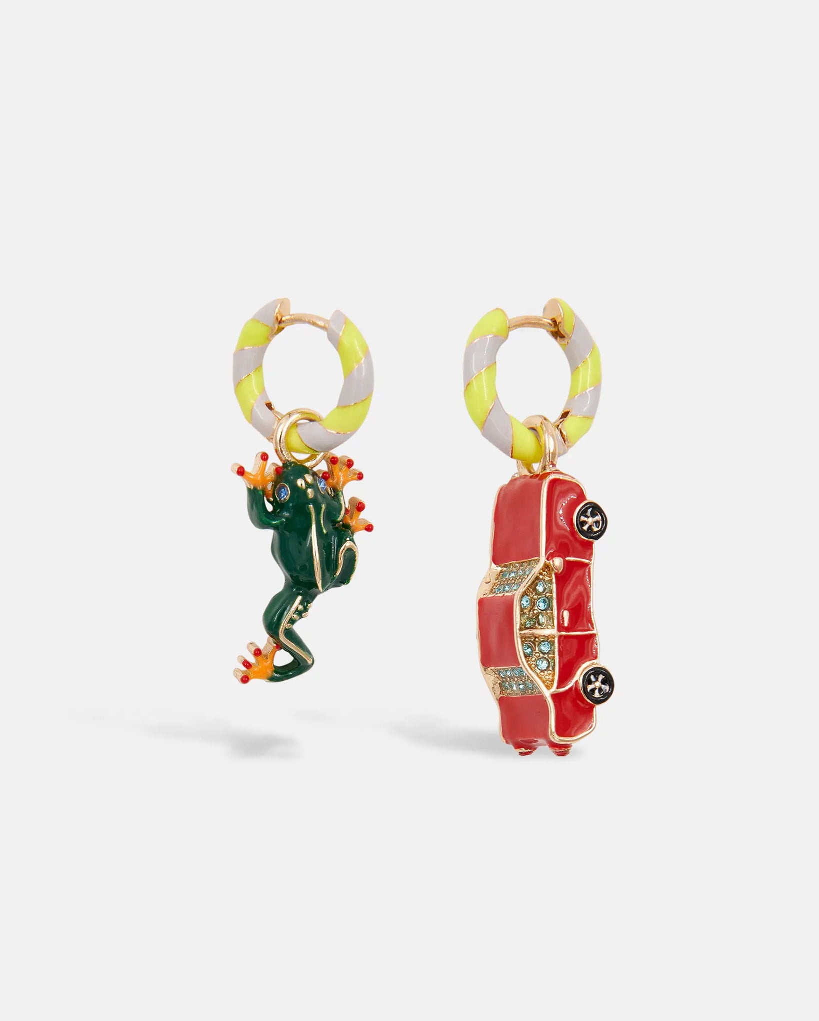 Hoop Earrings with Frog and Car Pendants (Grey/Yellow)