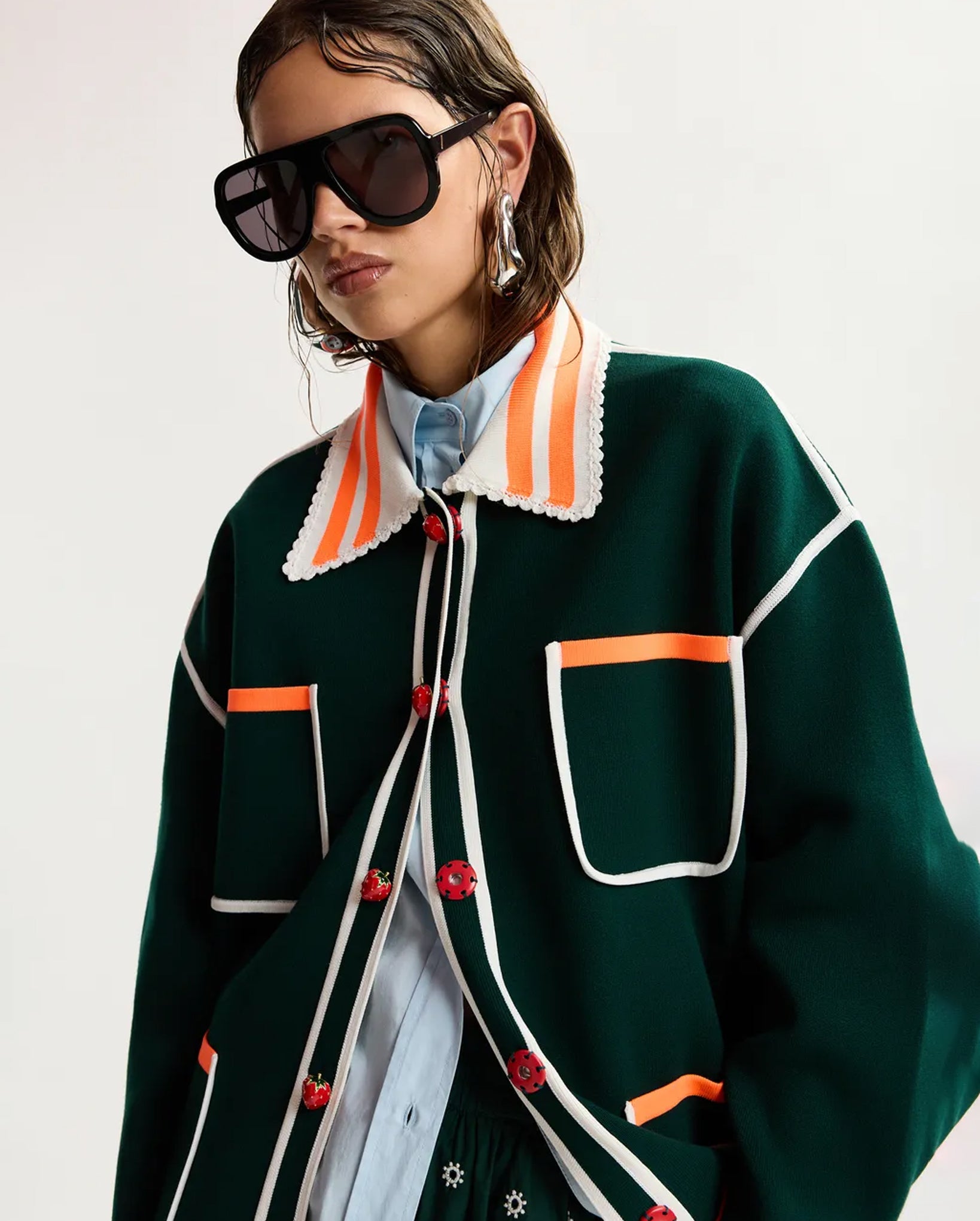 Fine Knit Cardigan With Lace-Trimmed Collar And Strawberry-Shaped Buttons (Dark Green/Orange/White)