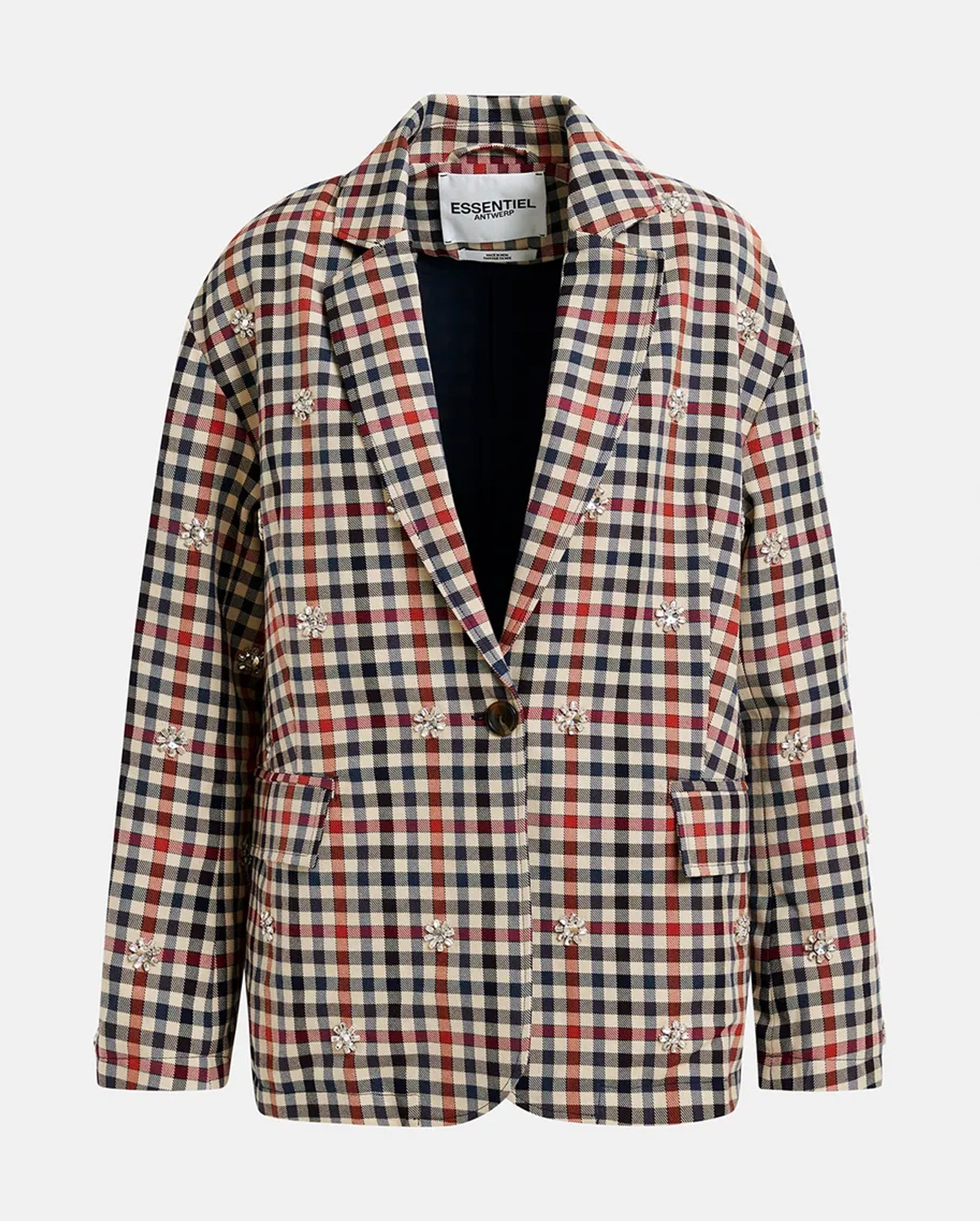 Checkered Single-Breasted Blazer (Beige/Dark Blue/Red)