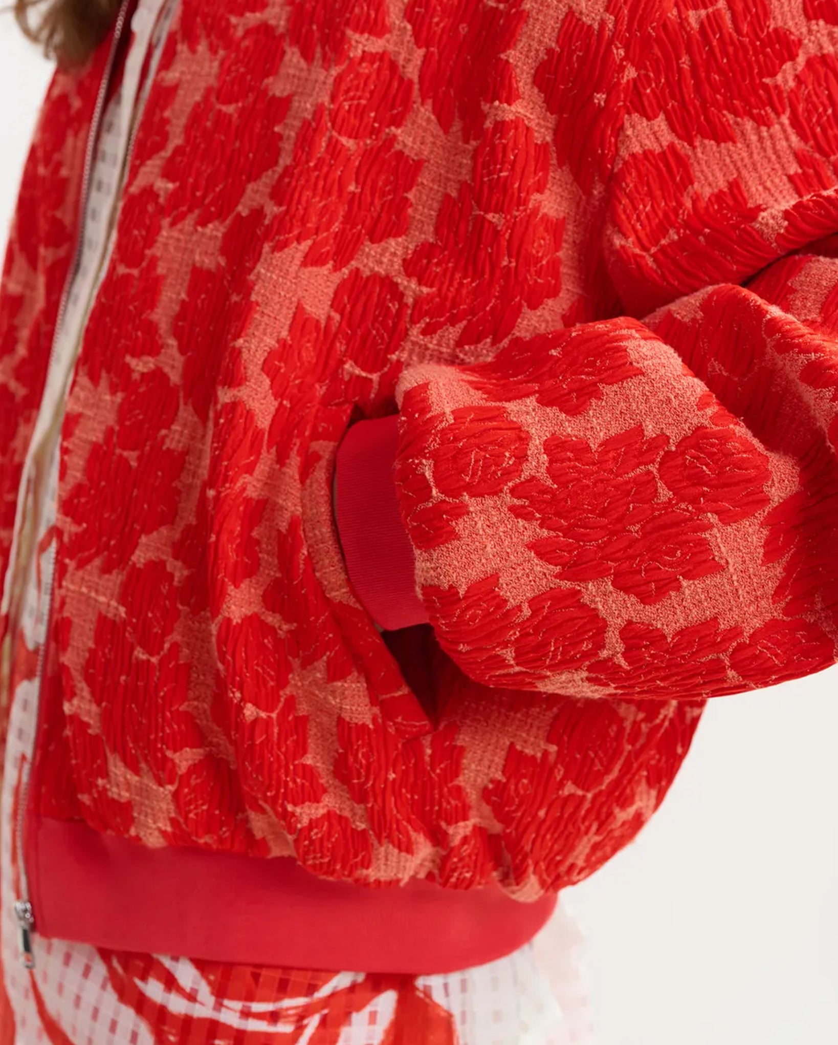 Quilted Jacquard Floral Bomber Jacket (Orange/Red)