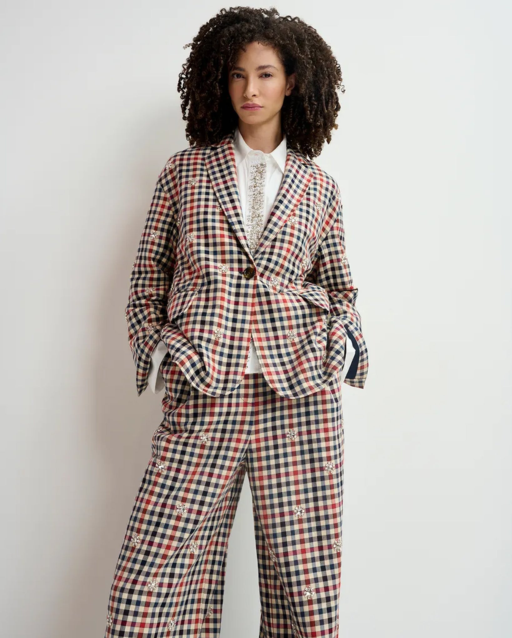 Checkered Single-Breasted Blazer (Beige/Dark Blue/Red)