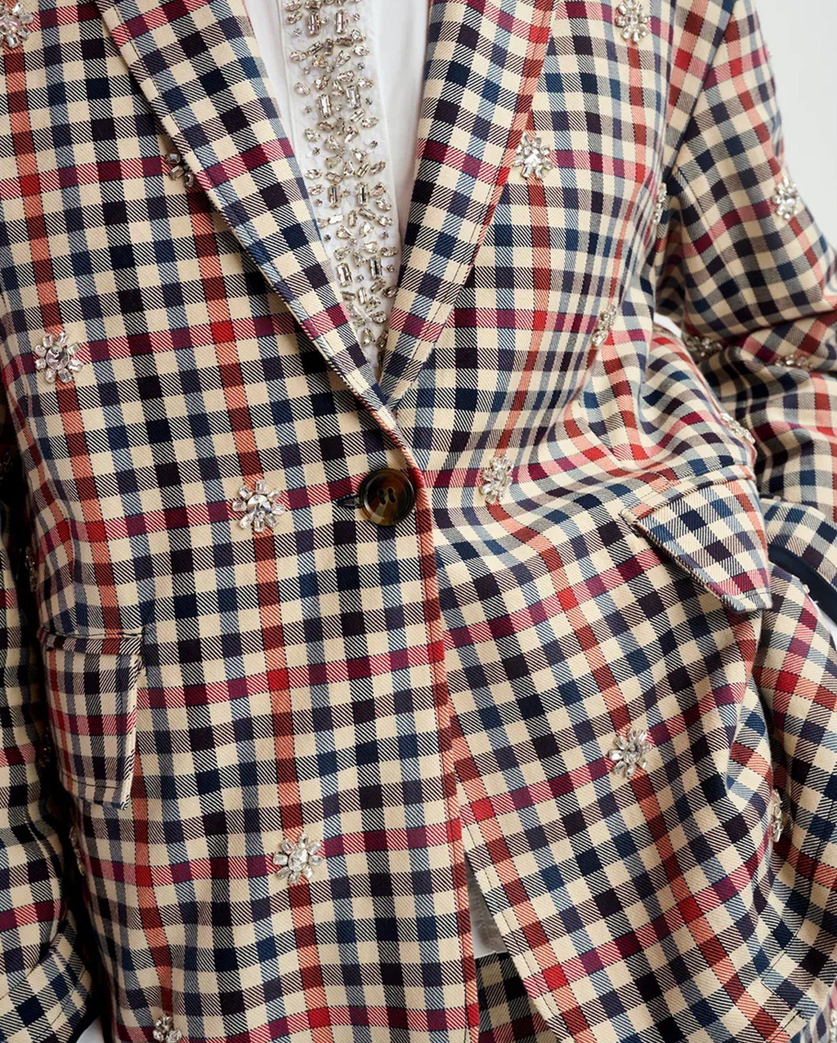 Checkered Single-Breasted Blazer (Beige/Dark Blue/Red)