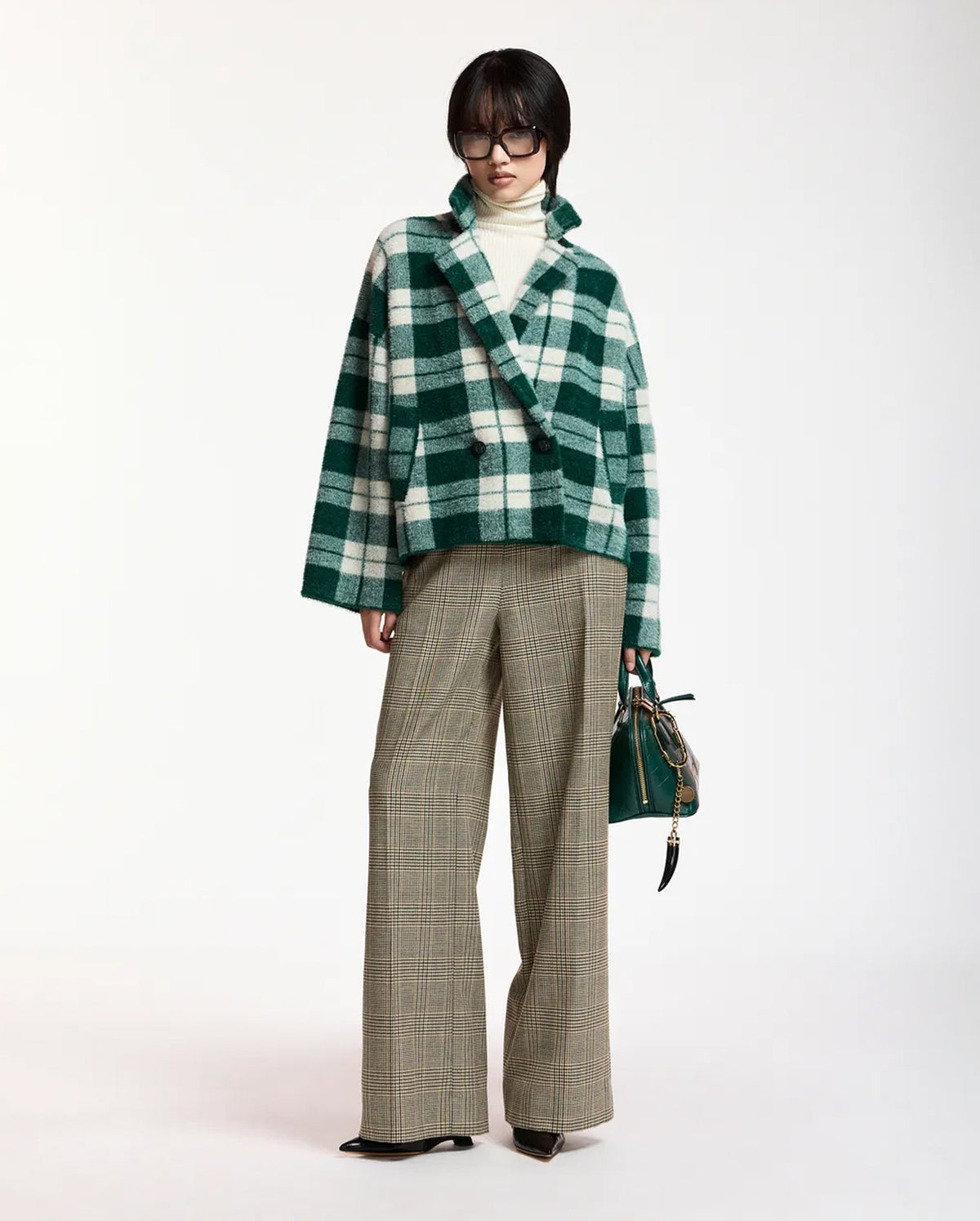 Double-Breasted Checked Knit Cardigan (Green/Off-White)