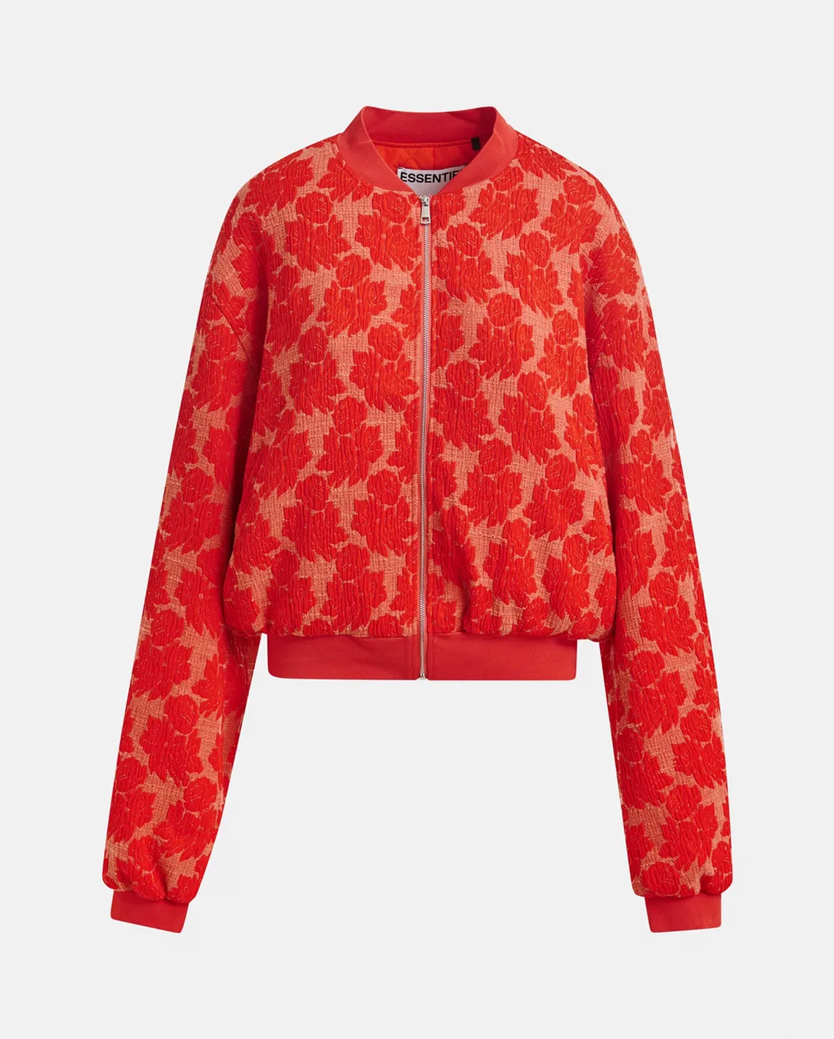 Quilted Jacquard Floral Bomber Jacket (Orange/Red)