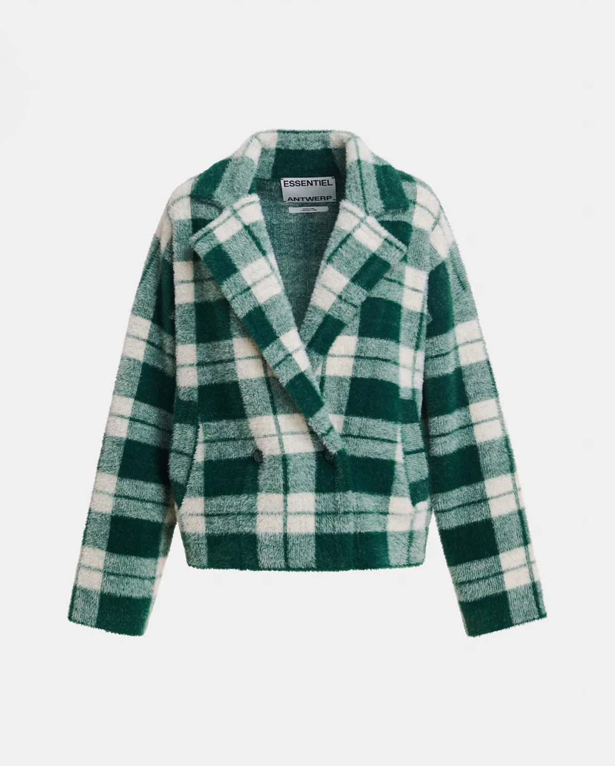 Double-Breasted Checked Knit Cardigan (Green/Off-White)