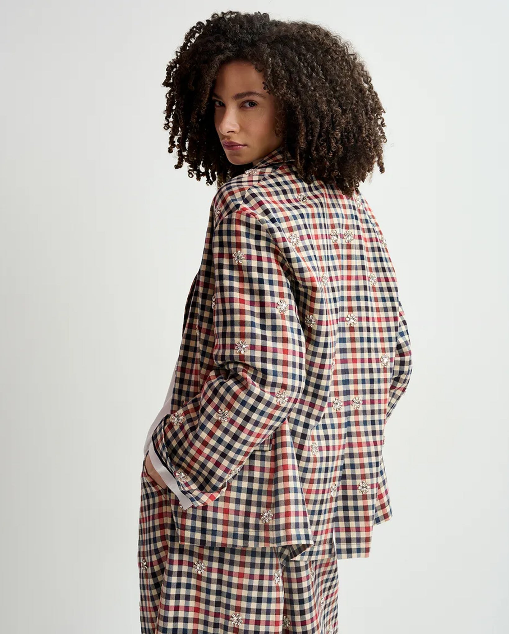 Checkered Single-Breasted Blazer (Beige/Dark Blue/Red)