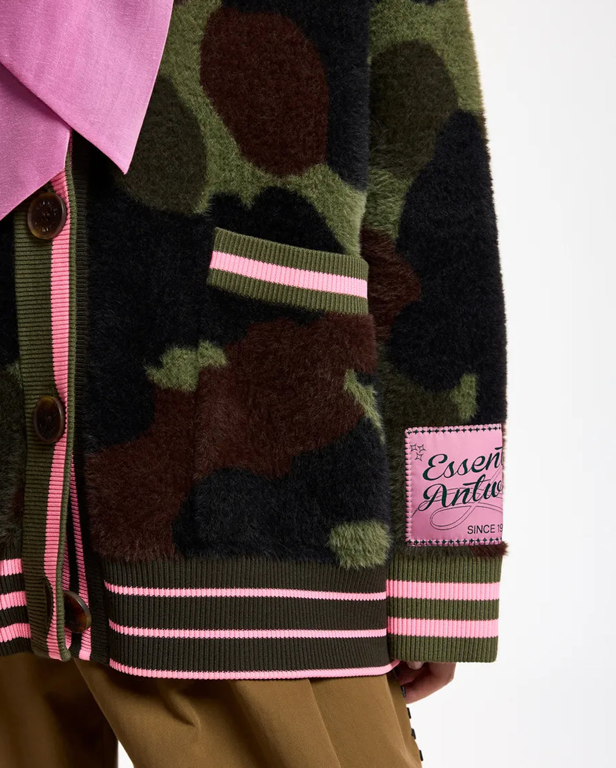 Jacquard Cardigan With Striped Trim (Khaki/Camo/Pink)