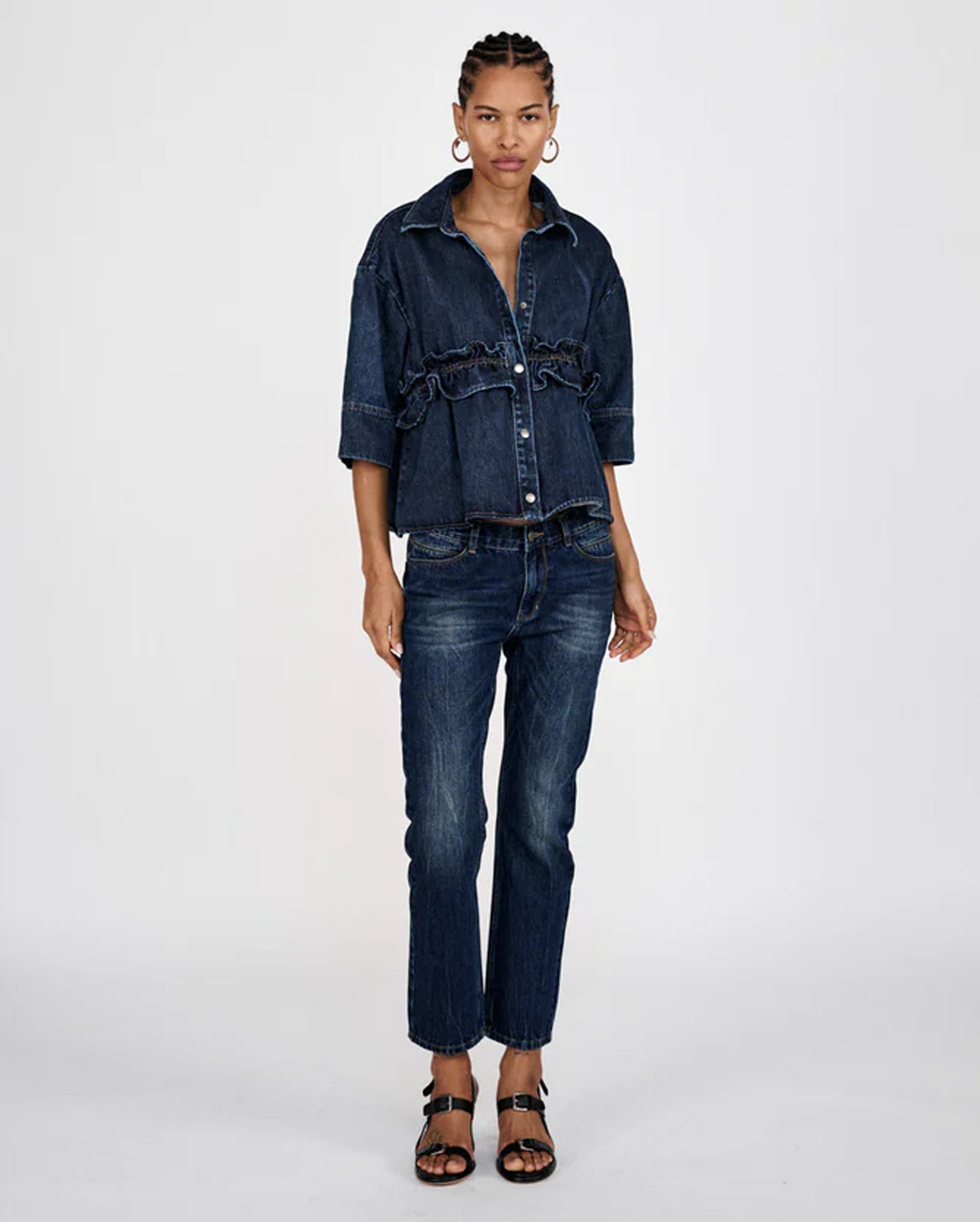 Fine Denim Cropped Pants (Dark Washed Indigo)