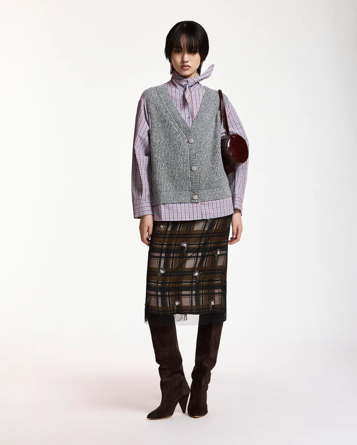 Layered Knit Vest Shirt (Grey/Light Blue/Red)
