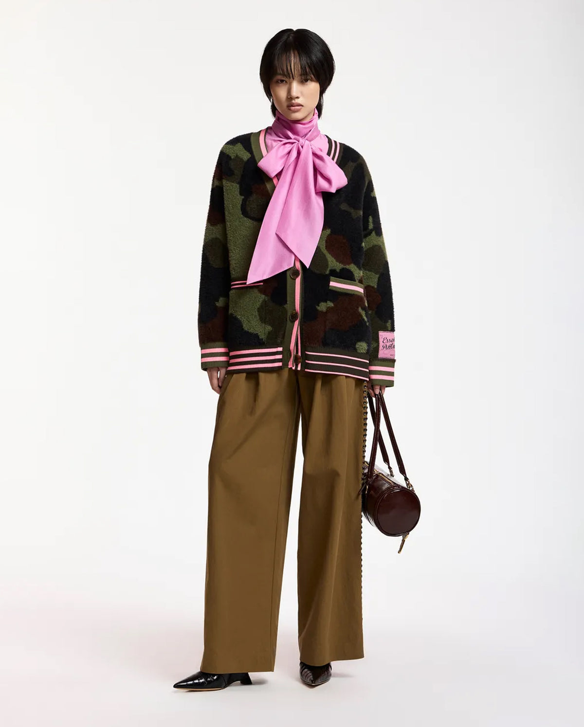 Jacquard Cardigan With Striped Trim (Khaki/Camo/Pink)