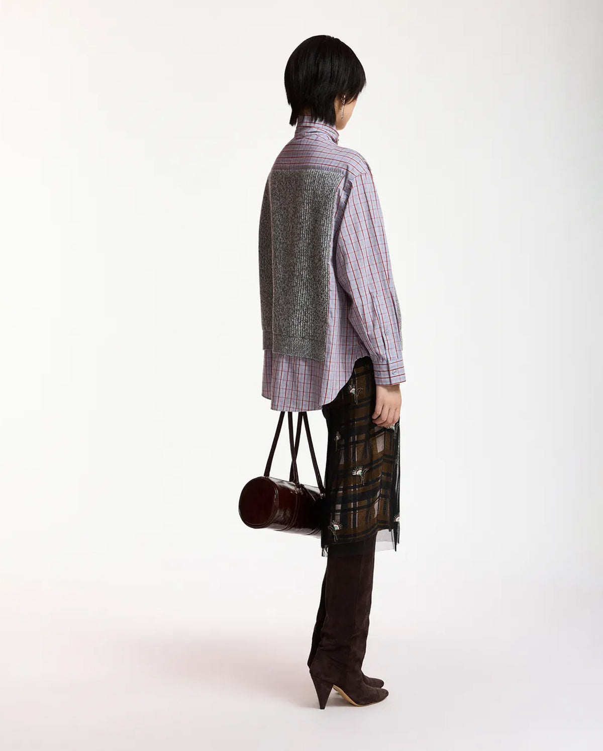 Layered Knit Vest Shirt (Grey/Light Blue/Red)