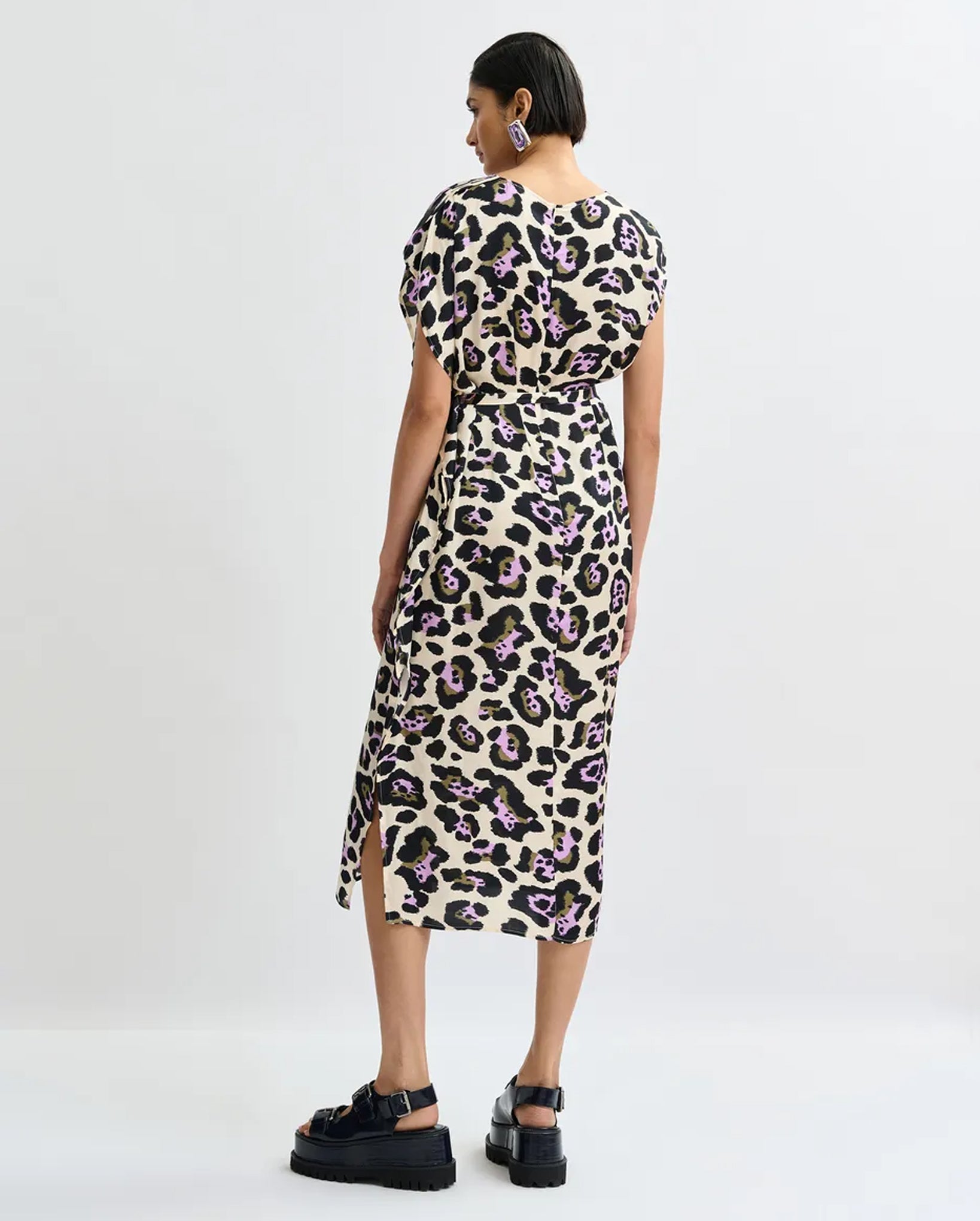 Leopard-Print Midi Dress (Black/Off-White/Purple)