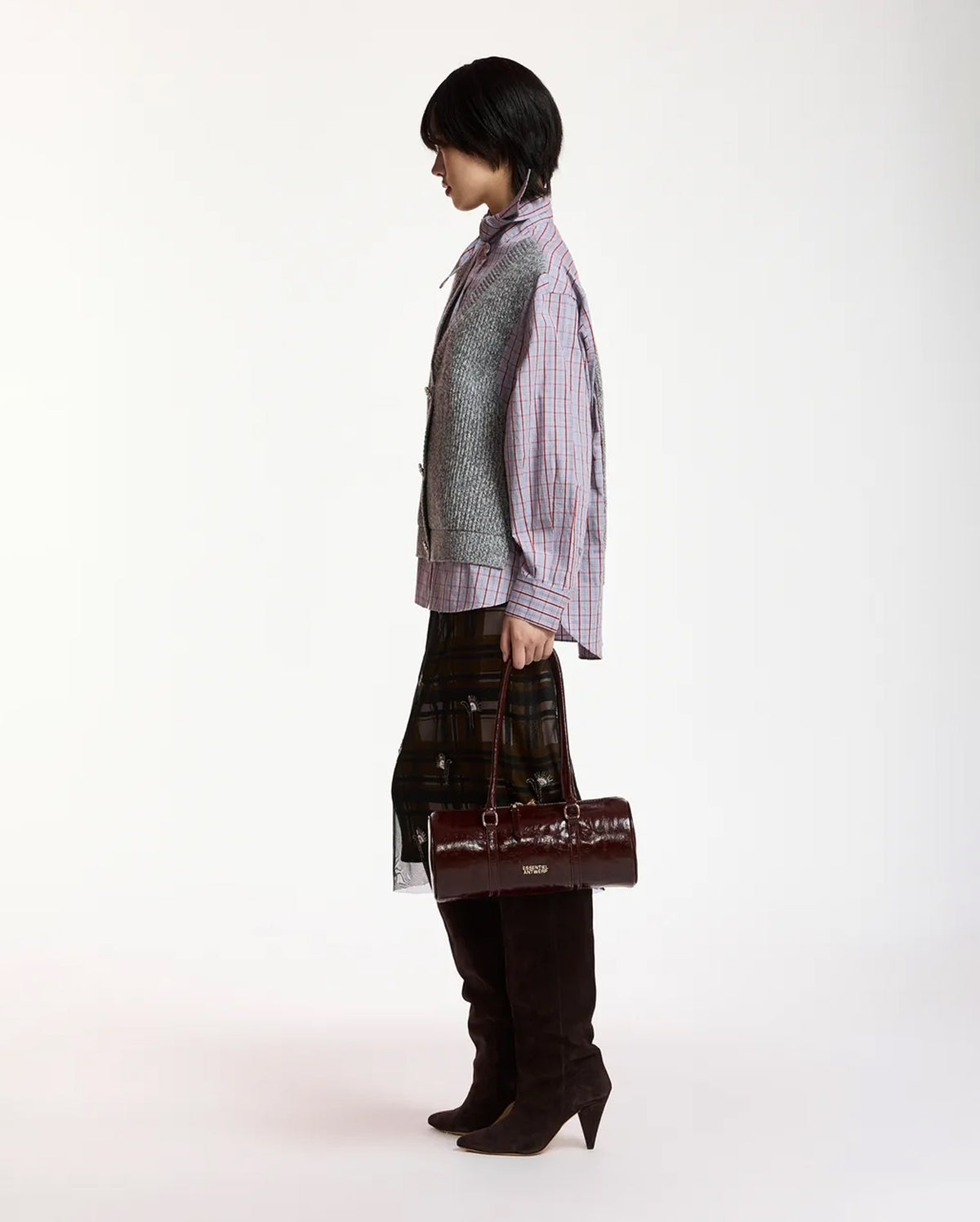 Layered Knit Vest Shirt (Grey/Light Blue/Red)