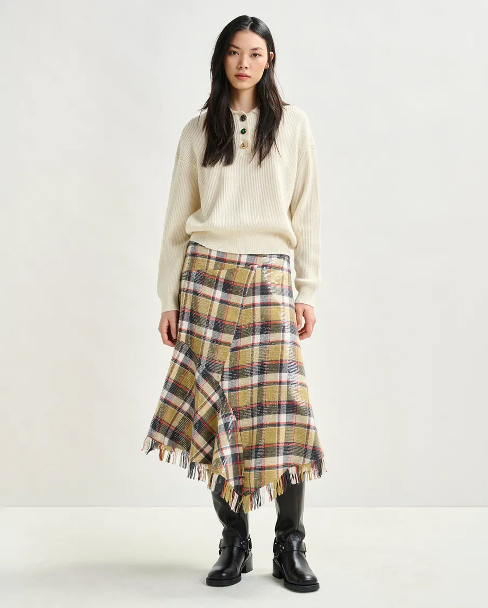 Check Print Midi Skirt with Fringed Hemline and Sequin Embellishments (Dark Blue/Khaki/Red)