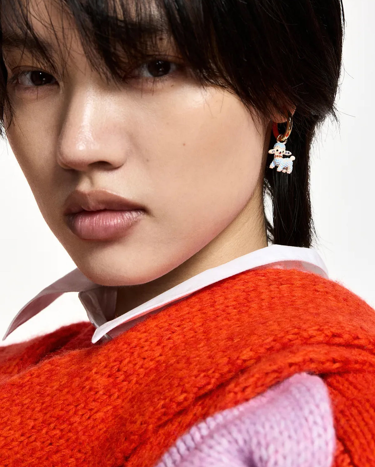 Hoop Earrings with Lamb and Banana Pendants (Gold/Orange)