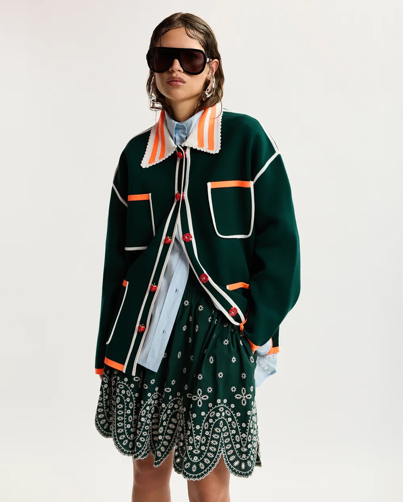 Fine Knit Cardigan With Lace-Trimmed Collar And Strawberry-Shaped Buttons (Dark Green/Orange/White)