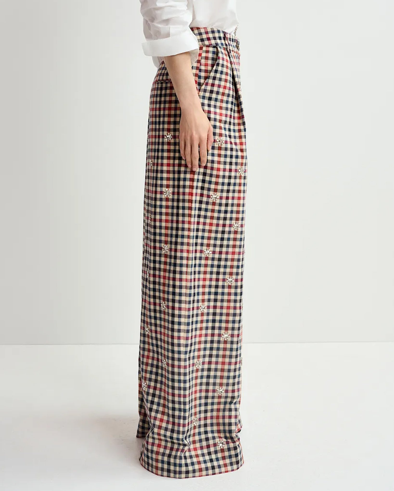 Checkered Wide-Leg Pants (Beige/Dark Blue/Red)