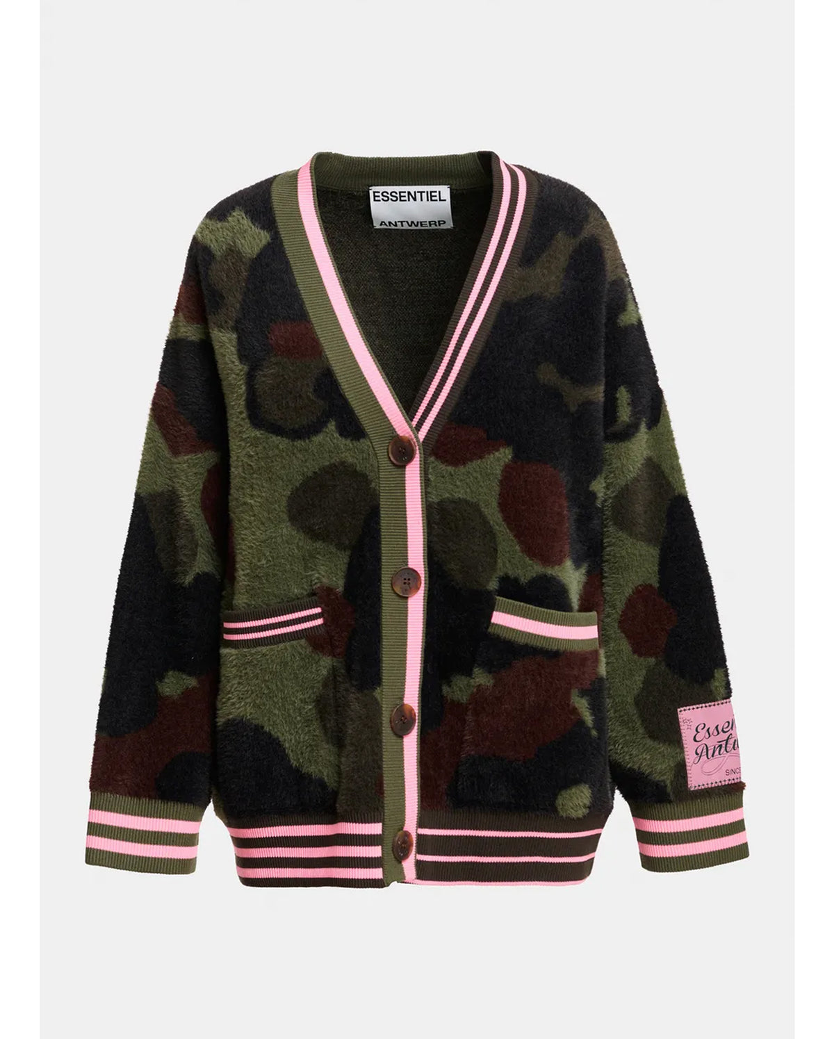 Jacquard Cardigan With Striped Trim (Khaki/Camo/Pink)