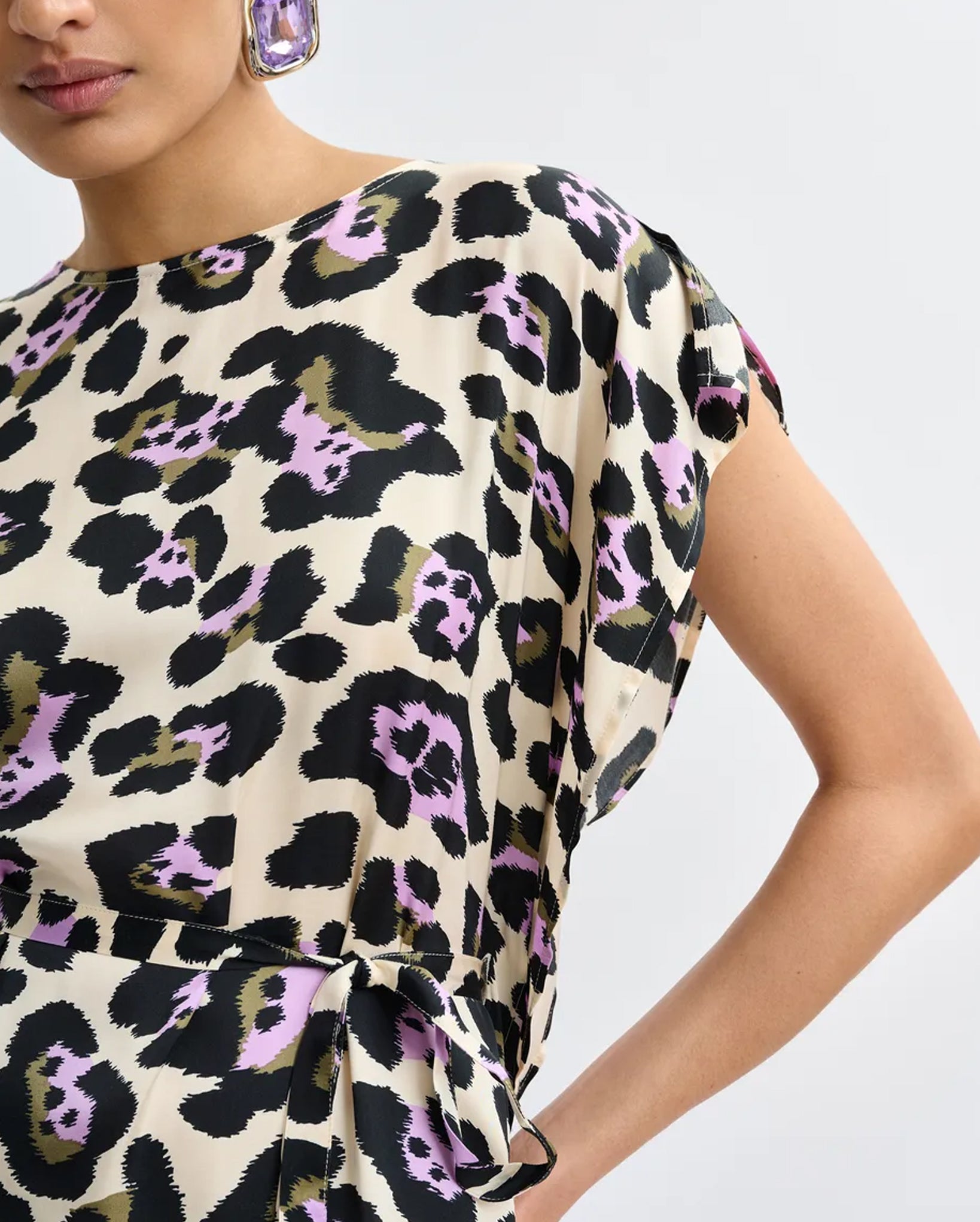 Leopard-Print Midi Dress (Black/Off-White/Purple)