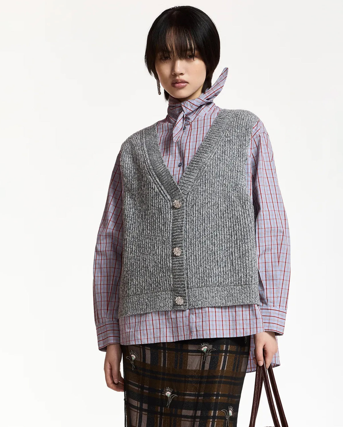 Layered Knit Vest Shirt (Grey/Light Blue/Red)