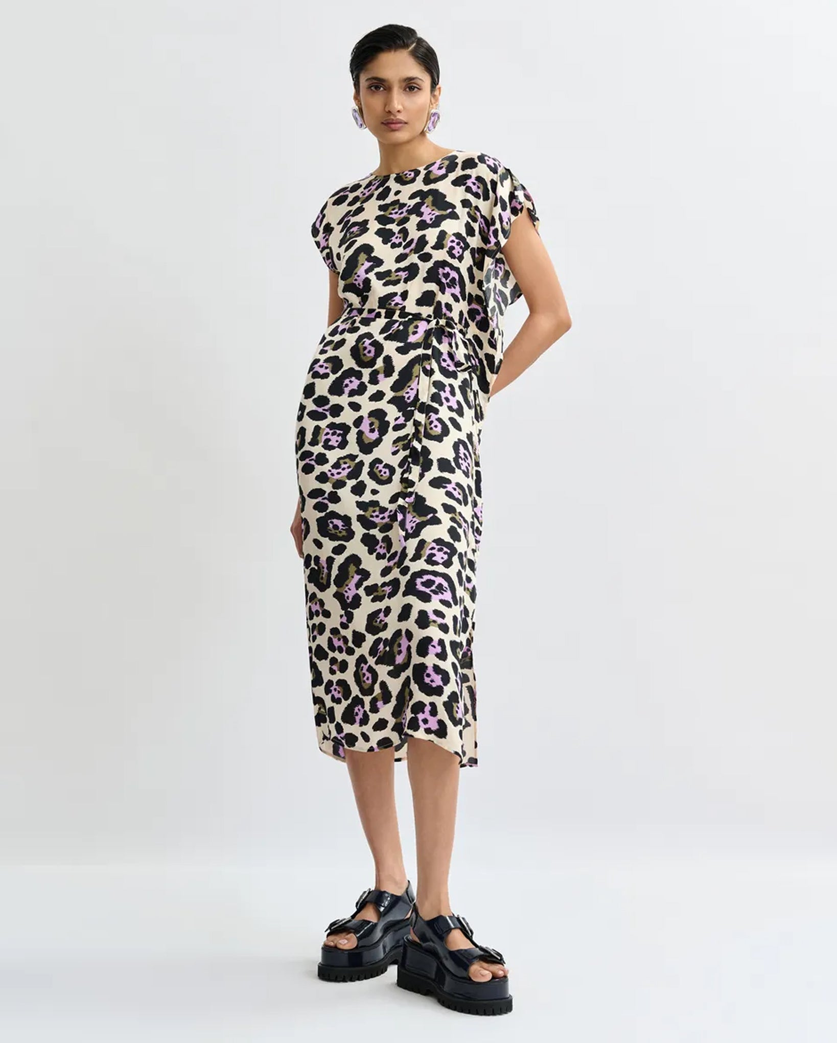 Leopard-Print Midi Dress (Black/Off-White/Purple)
