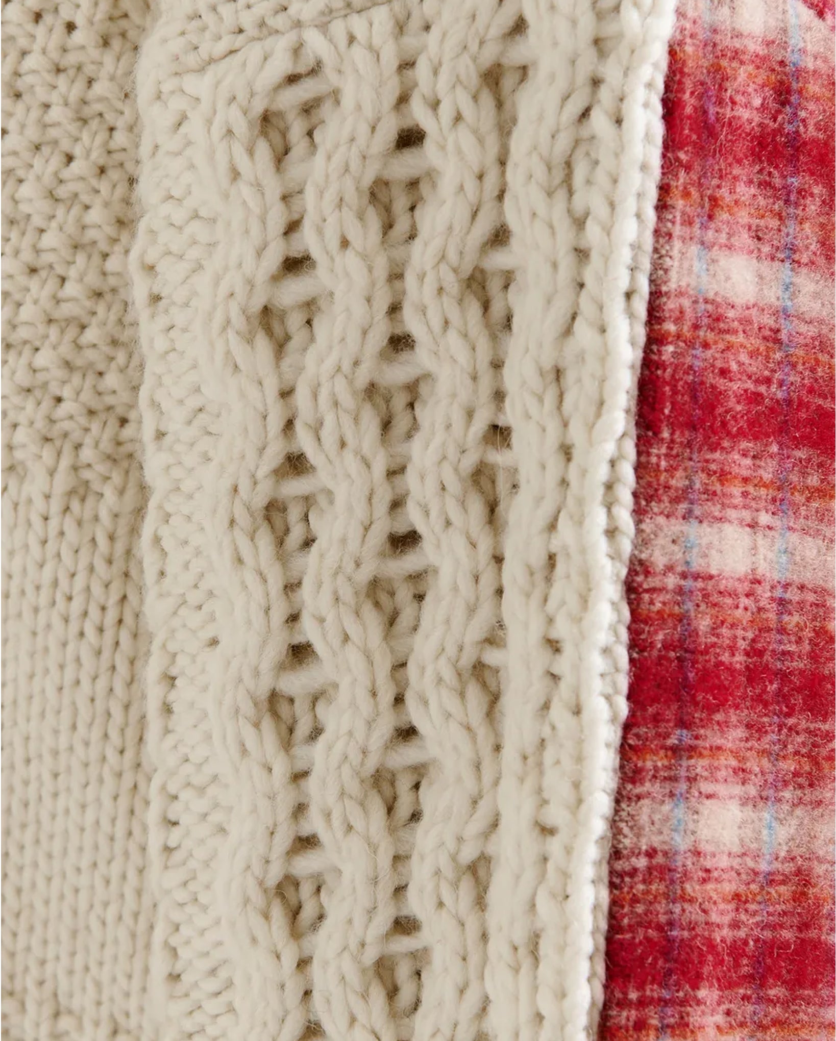 Cable-Knit Wool-Blend Sweater with Checked Back Panel (Beige/Off-White/Red)