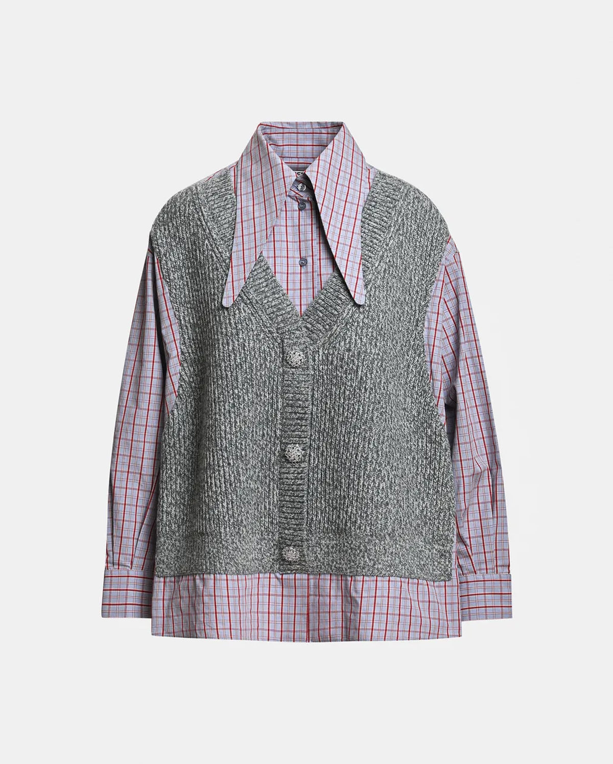 Layered Knit Vest Shirt (Grey/Light Blue/Red)