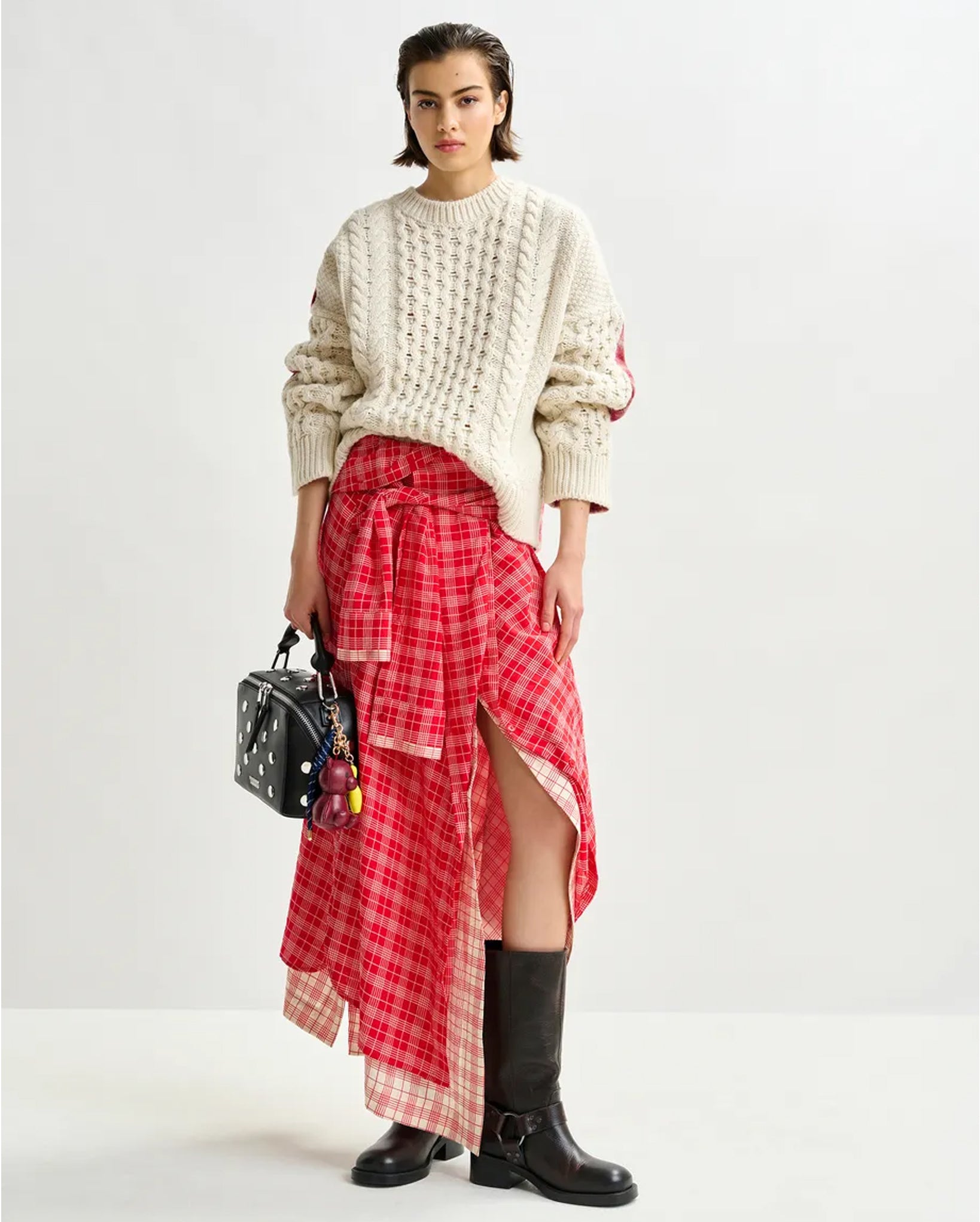 Cable-Knit Wool-Blend Sweater with Checked Back Panel (Beige/Off-White/Red)