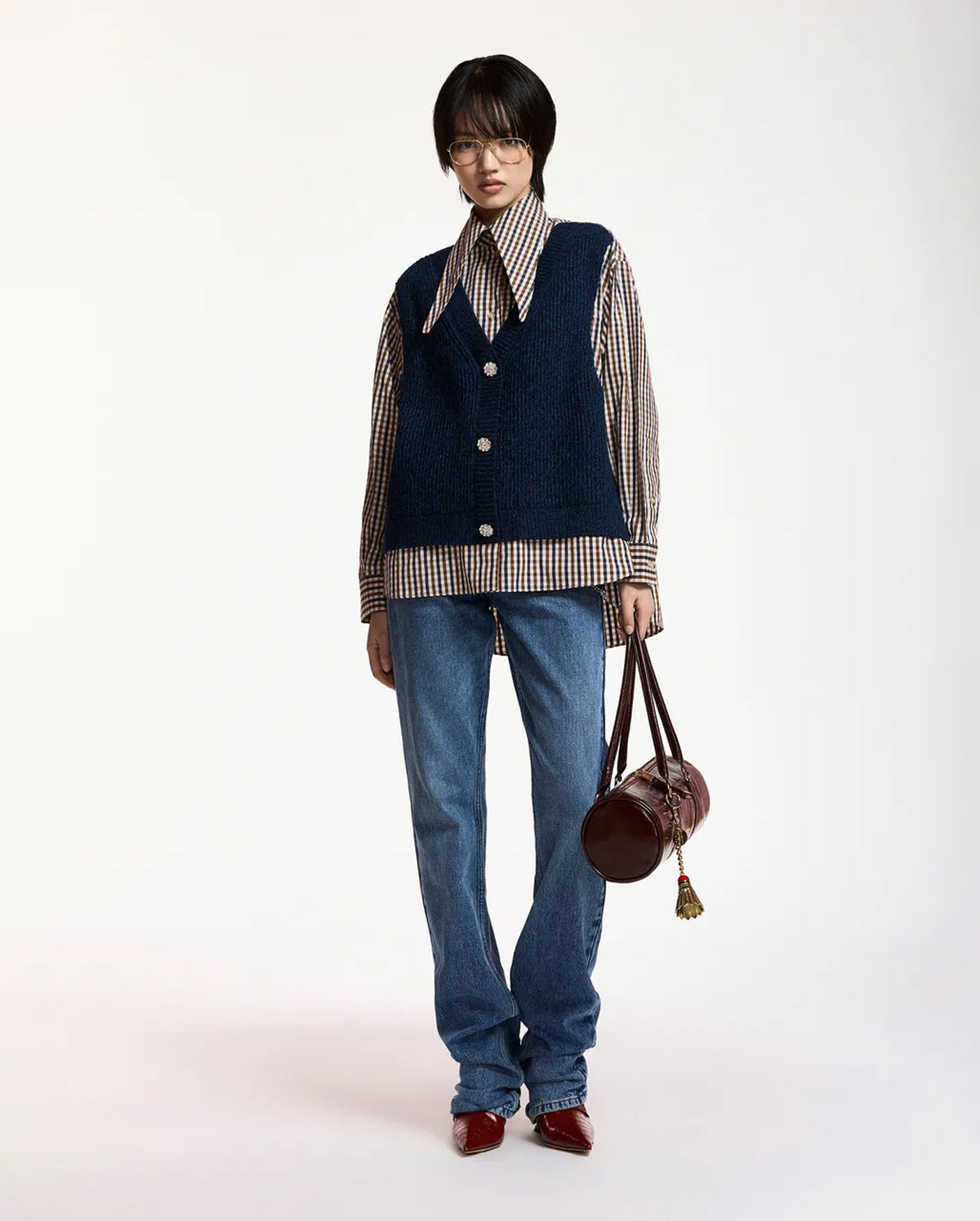 Layered Knit Vest Shirt (Blue/Brown/White)