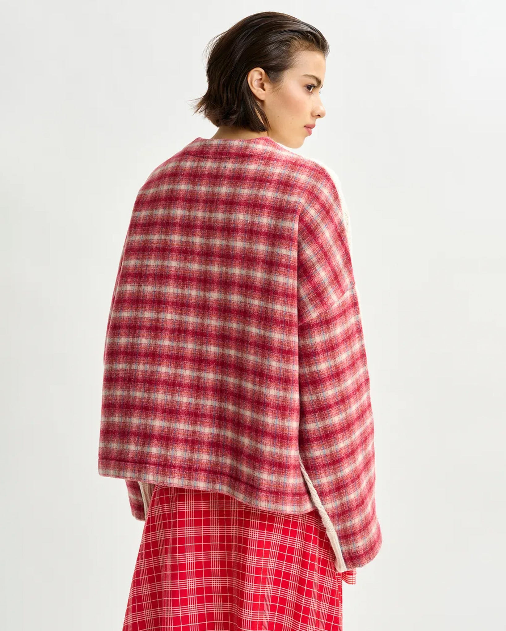 Cable-Knit Wool-Blend Sweater with Checked Back Panel (Beige/Off-White/Red)
