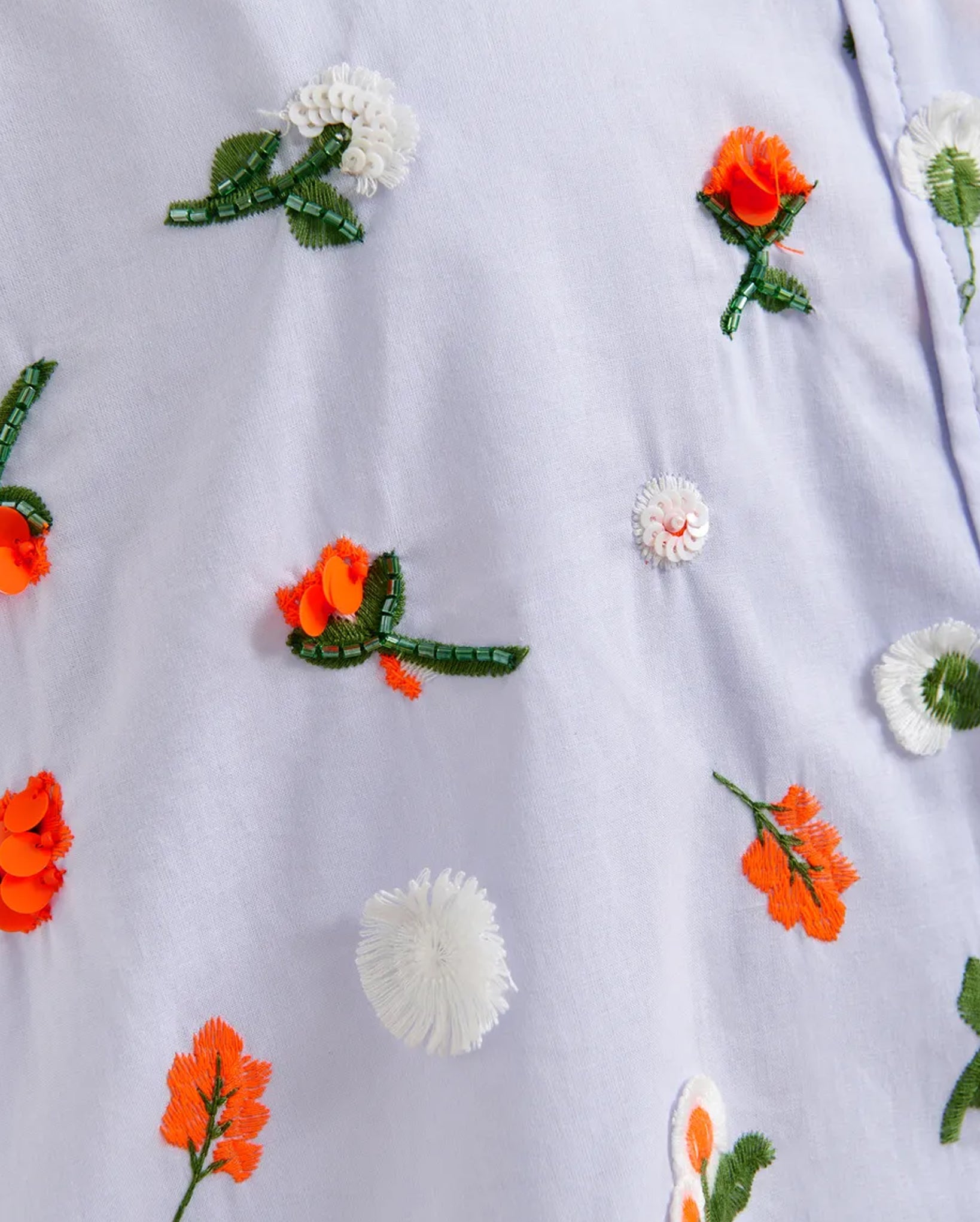 Cotton Shirt with Flower Sequin, Rhinestone and Bead Embellishments (Green/Light Blue/Orange)