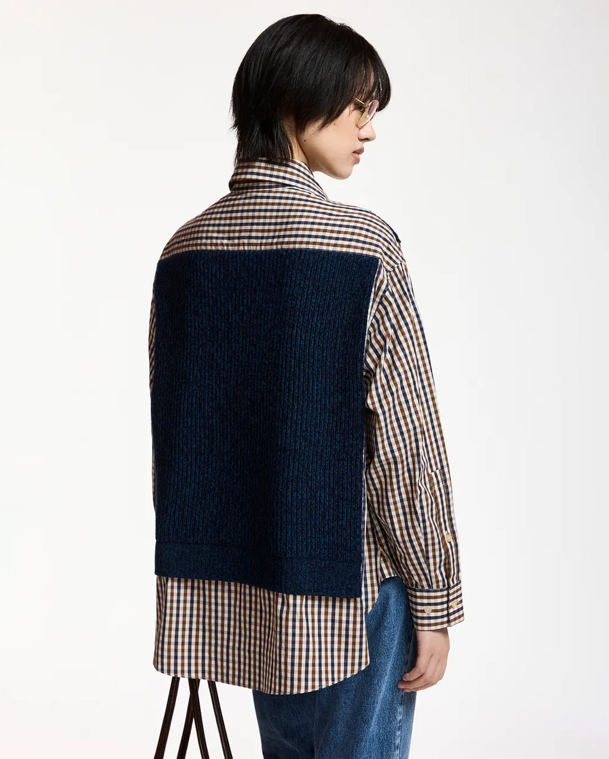 Layered Knit Vest Shirt (Blue/Brown/White)