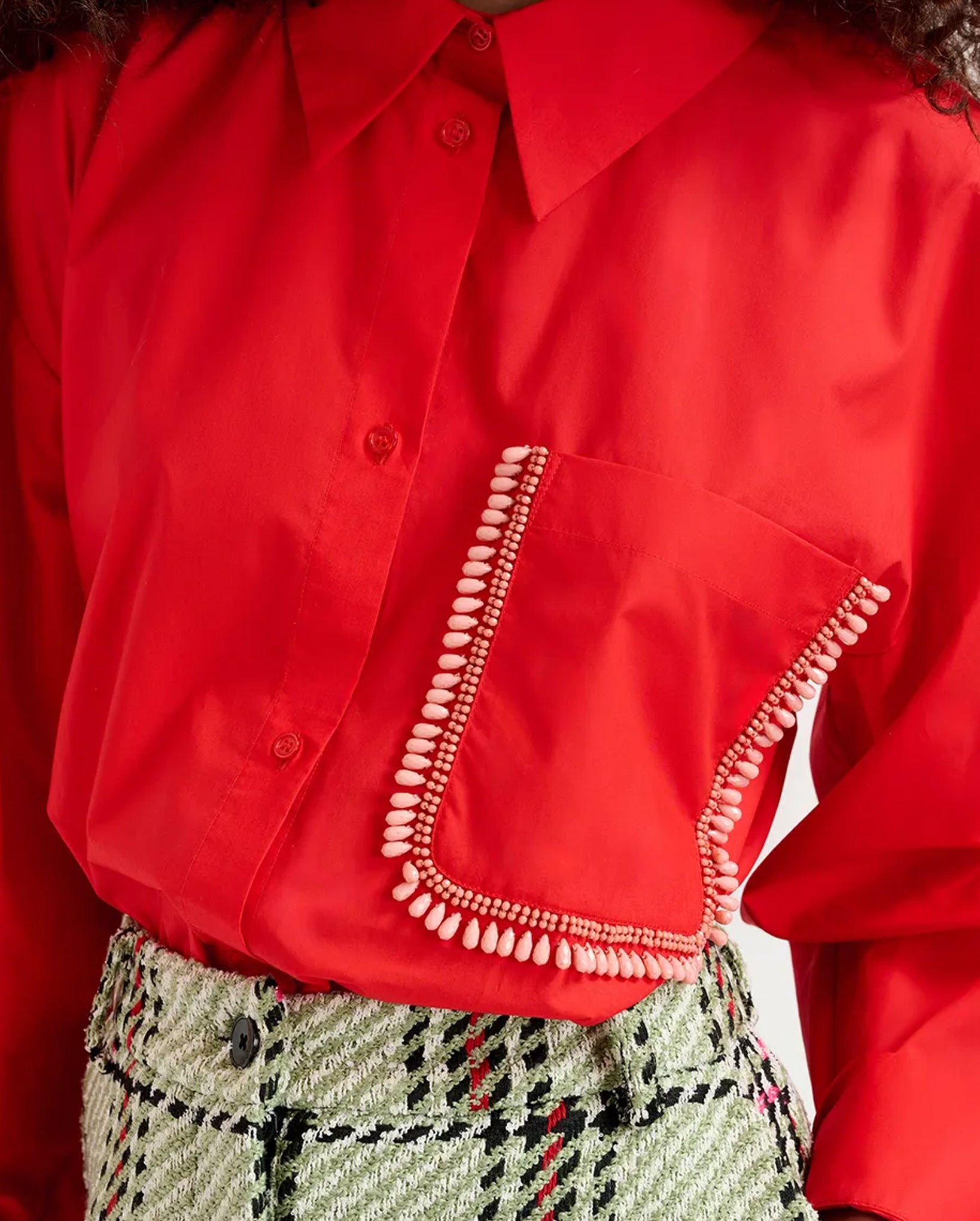 Cotton Shirt with Beaded Embroidery (Red)