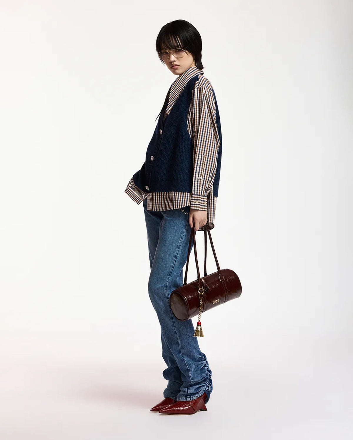 Layered Knit Vest Shirt (Blue/Brown/White)