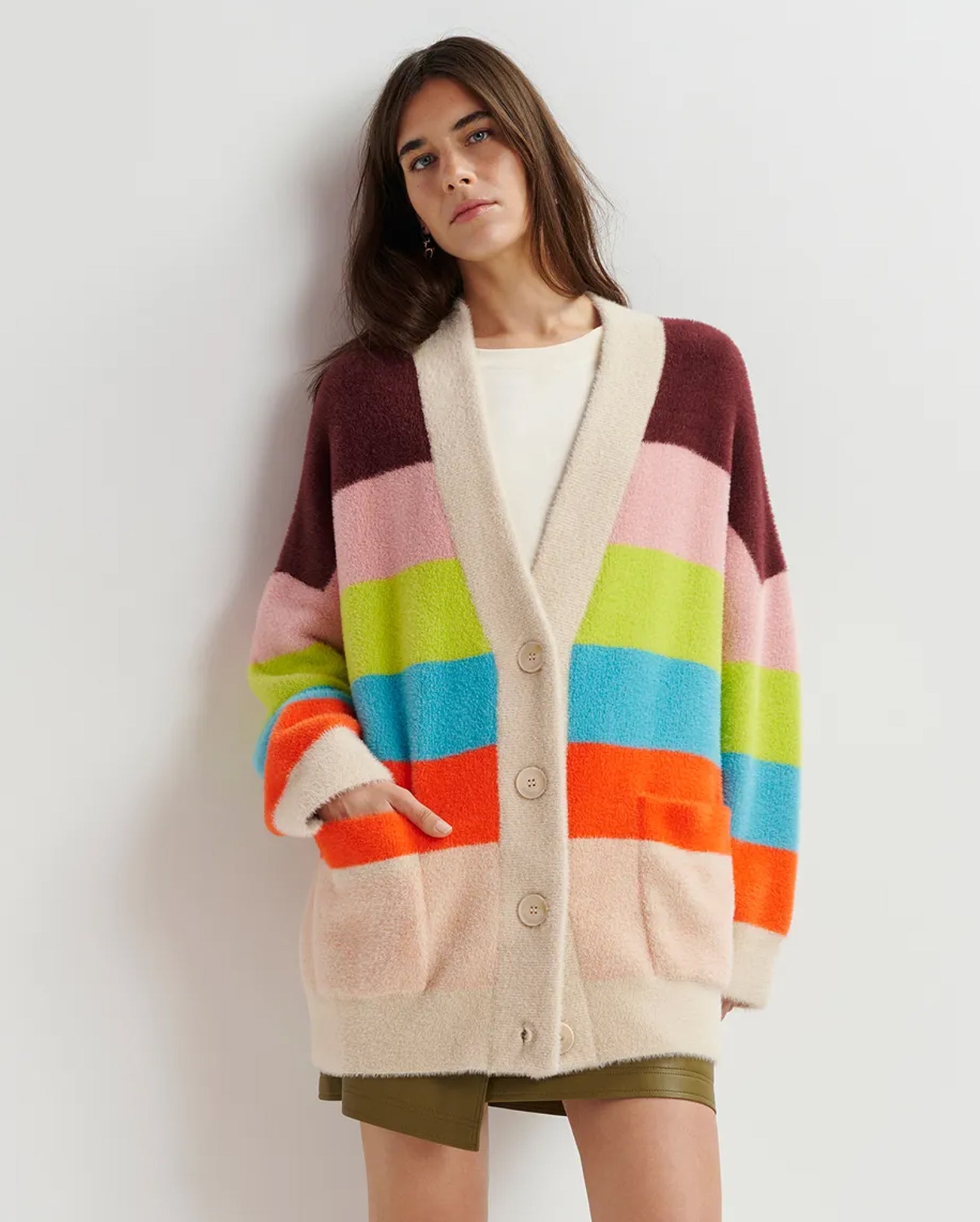 Striped Fuzzy Knitted Cardigan