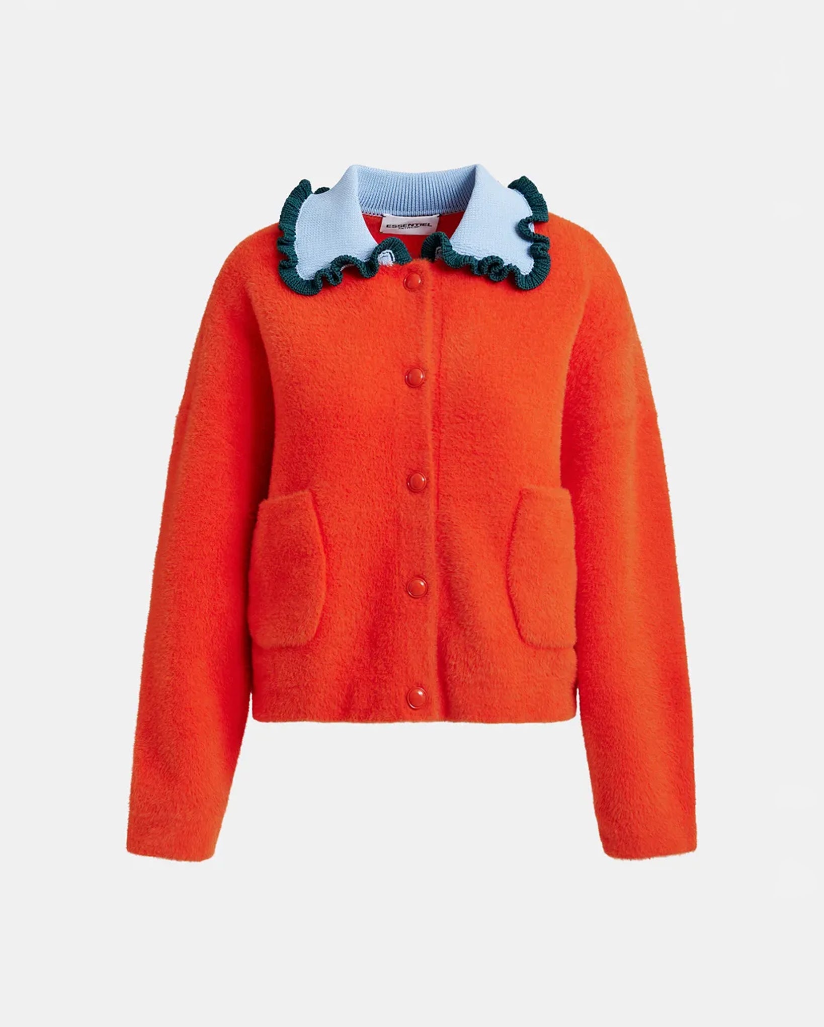 Cardigan With Contrasting Ruffle Collar (Dark Green/Light Blue/Orange)